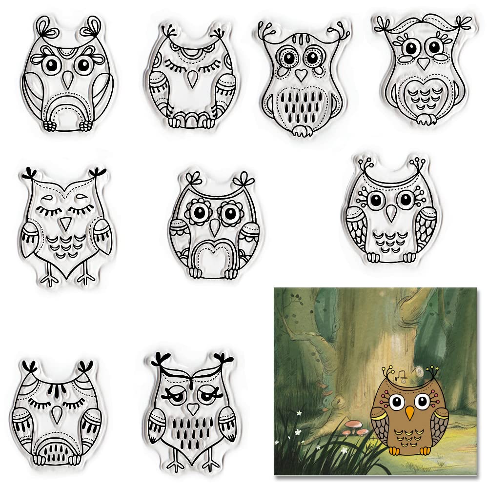 Threetols 9-Piece Cute Owl Clear Stamp Set for Card Making, DIY Scrapbooking, and Paper Crafts - Thanksgiving Fall Animal Silicone Stamps for Holiday Greeting Cards, Album Decor, and Home Decoration - Perfect for Seasonal DIY Projects and Handmade Gift Wrapping