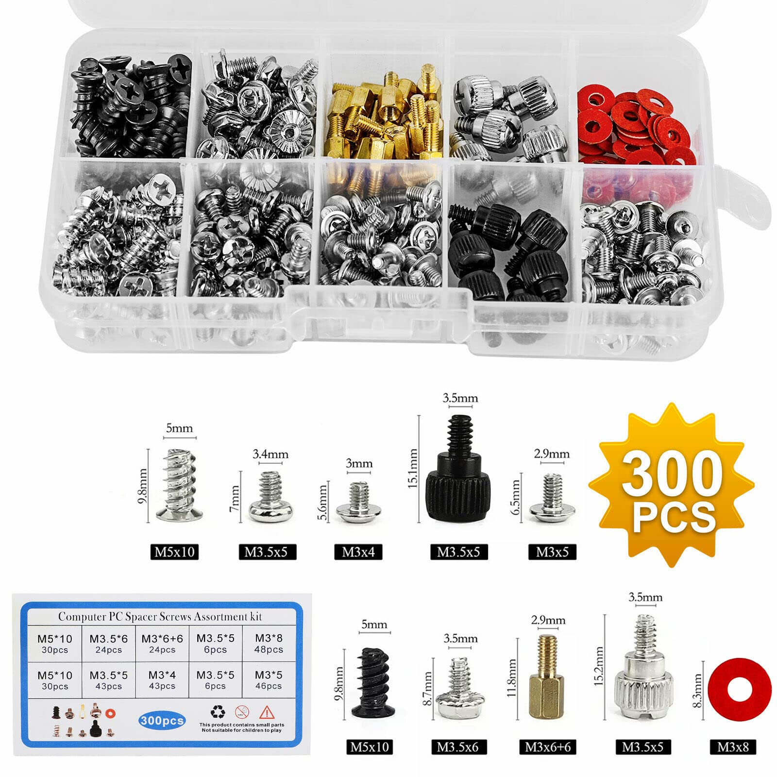 MOOKEENONE 300 Pcs Computer Metal Screws and Standoffs Kit - M3/M4/M5 Screws for Hard Drive, PC Case, Power Supply, Motherboard Installation - Perfect for DIY Computer Builds and Repairs