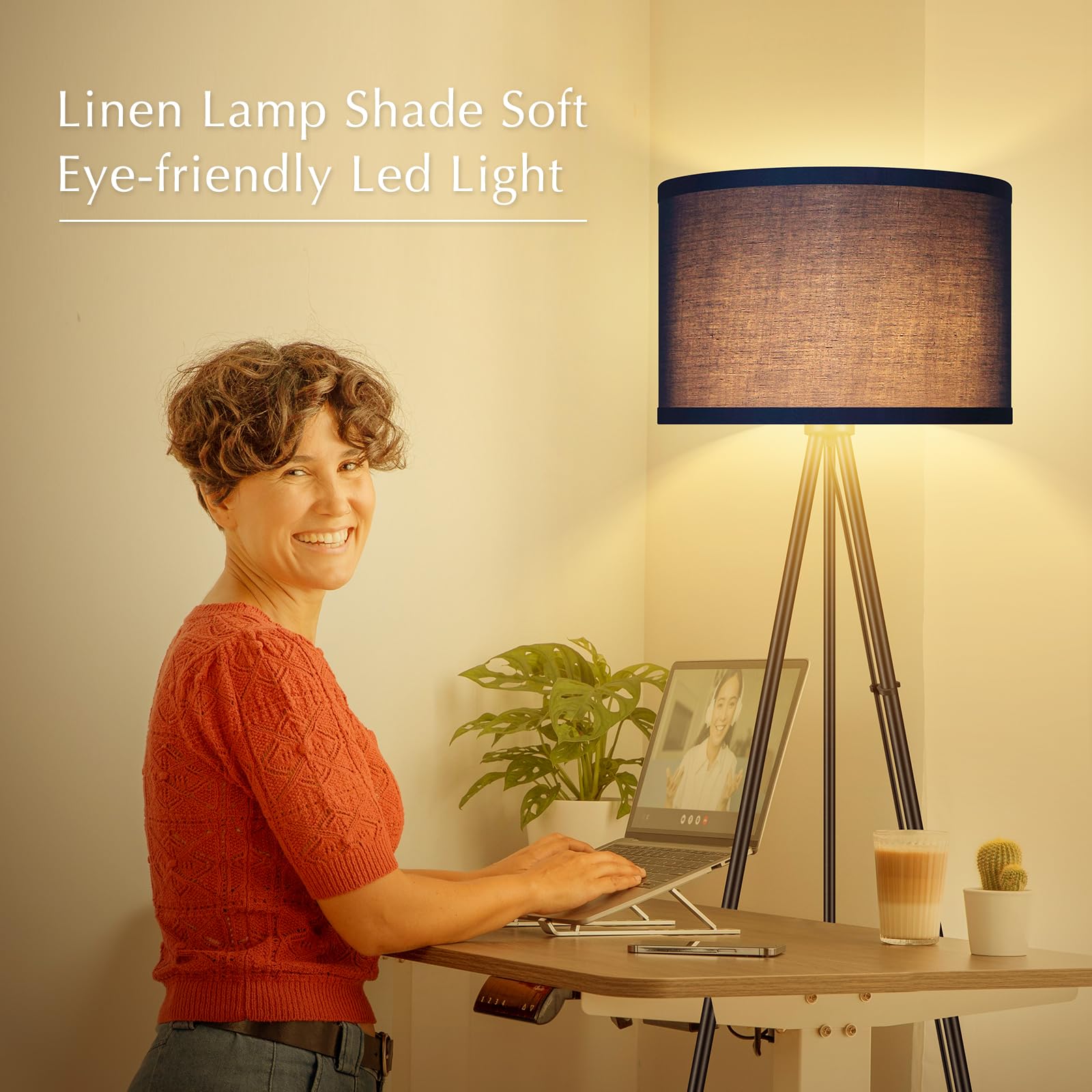 BoostArea Mid Century Tripod Floor Lamp with Blue Linen Shade - Modern Standing Light for Living Room, Bedroom, Office & Study - Perfect for Reading Nook, Cozy Corner & Home Decor (Bulb Not Included)