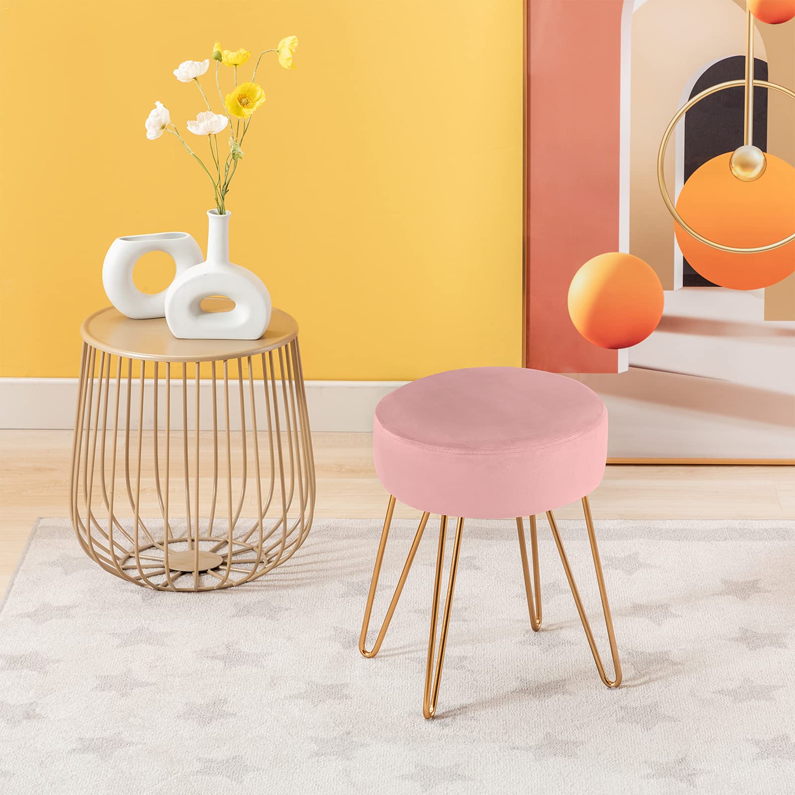 DUHOME Velvet Ottoman Stool - Modern Makeup Vanity Stool with Round Metal Base, Furry Accent Stool in Pink | Perfect for Bedroom, Dressing Room & Contemporary Home Decor