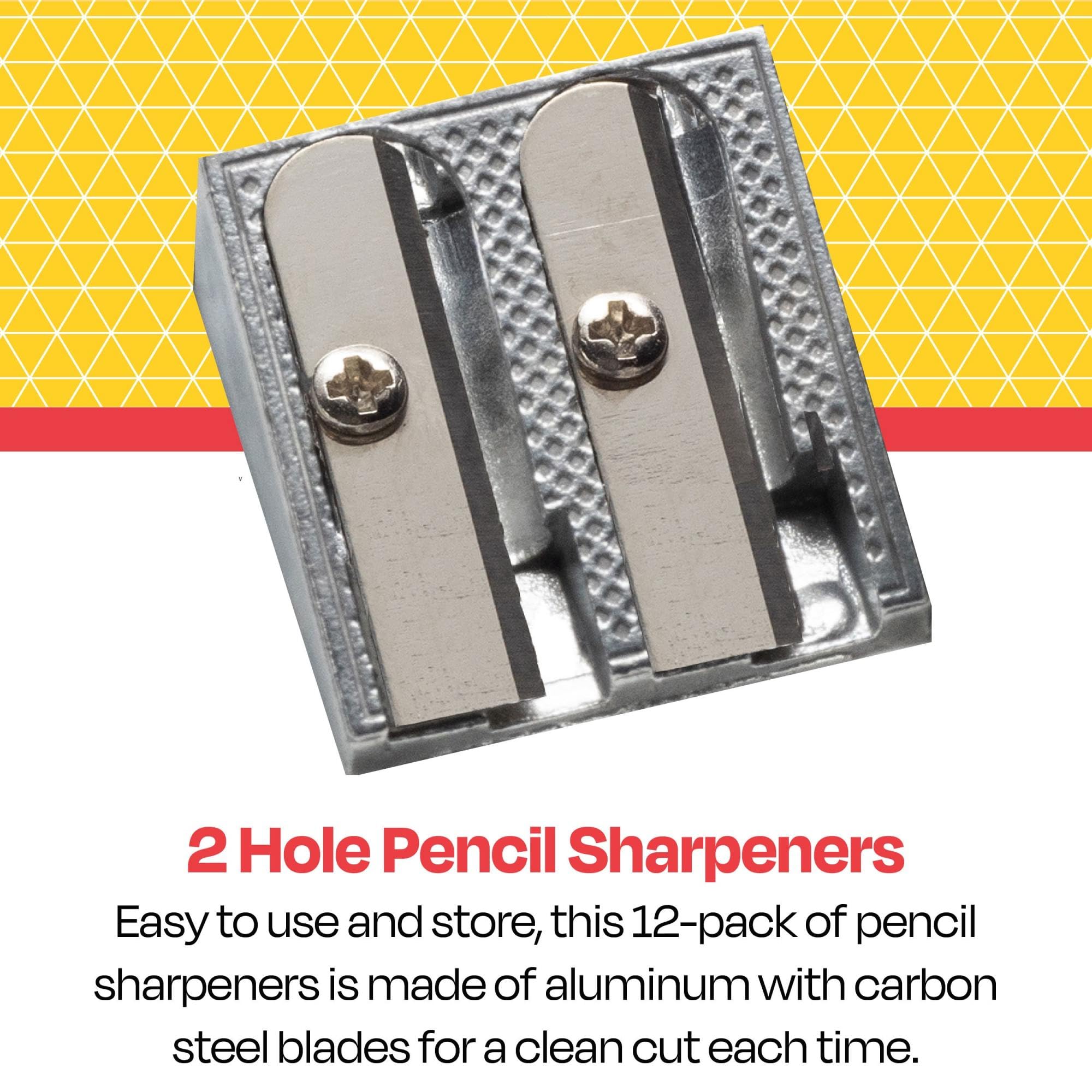 School Smart 2 Hole Pencil Sharpeners - Silver (Pack of 12) - Perfect for Classrooms, Offices & Art Studios