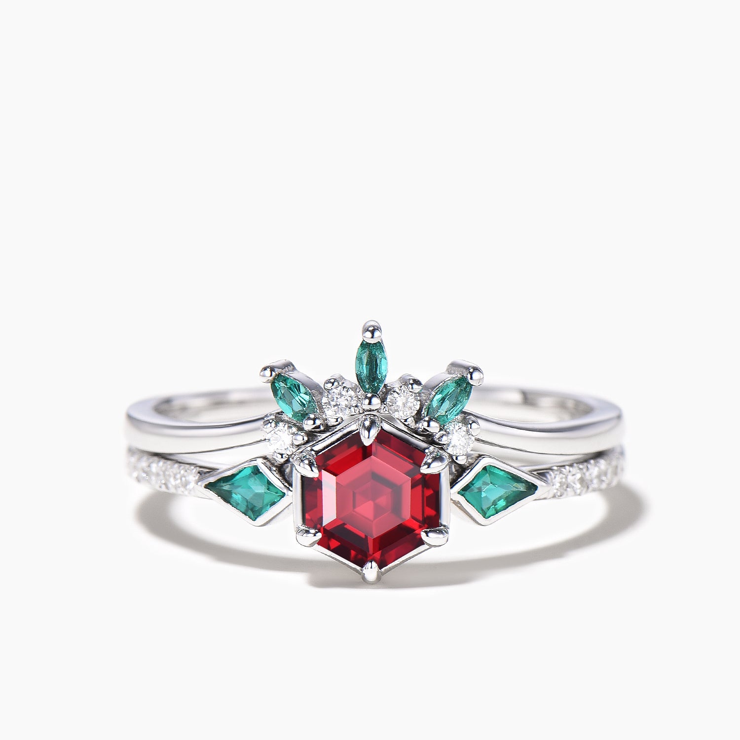1ct Hexagon Cut Ruby & Emerald Bezel Half Eternity Wedding Ring Set in Platinum - Perfect for Engagement, Anniversary & Bridal Jewelry Gifts