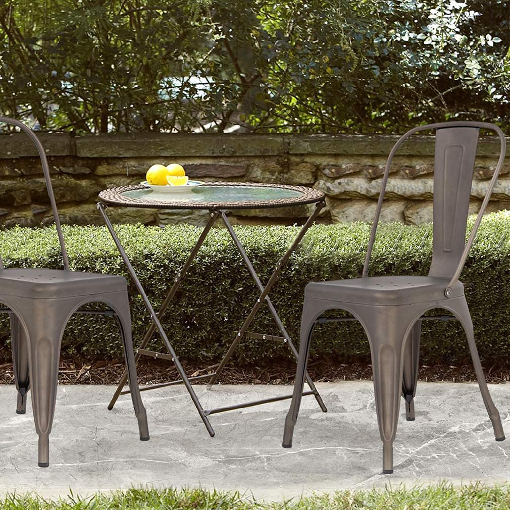 Tolix Style Metal Dining Chairs Set of 4 - 18 Inch Seat Height Indoor/Outdoor Stackable Patio & Restaurant Chairs with 330LBS Weight Capacity in Bronze Brown - Perfect for Bistros, Cafes, and Home Dining Areas
