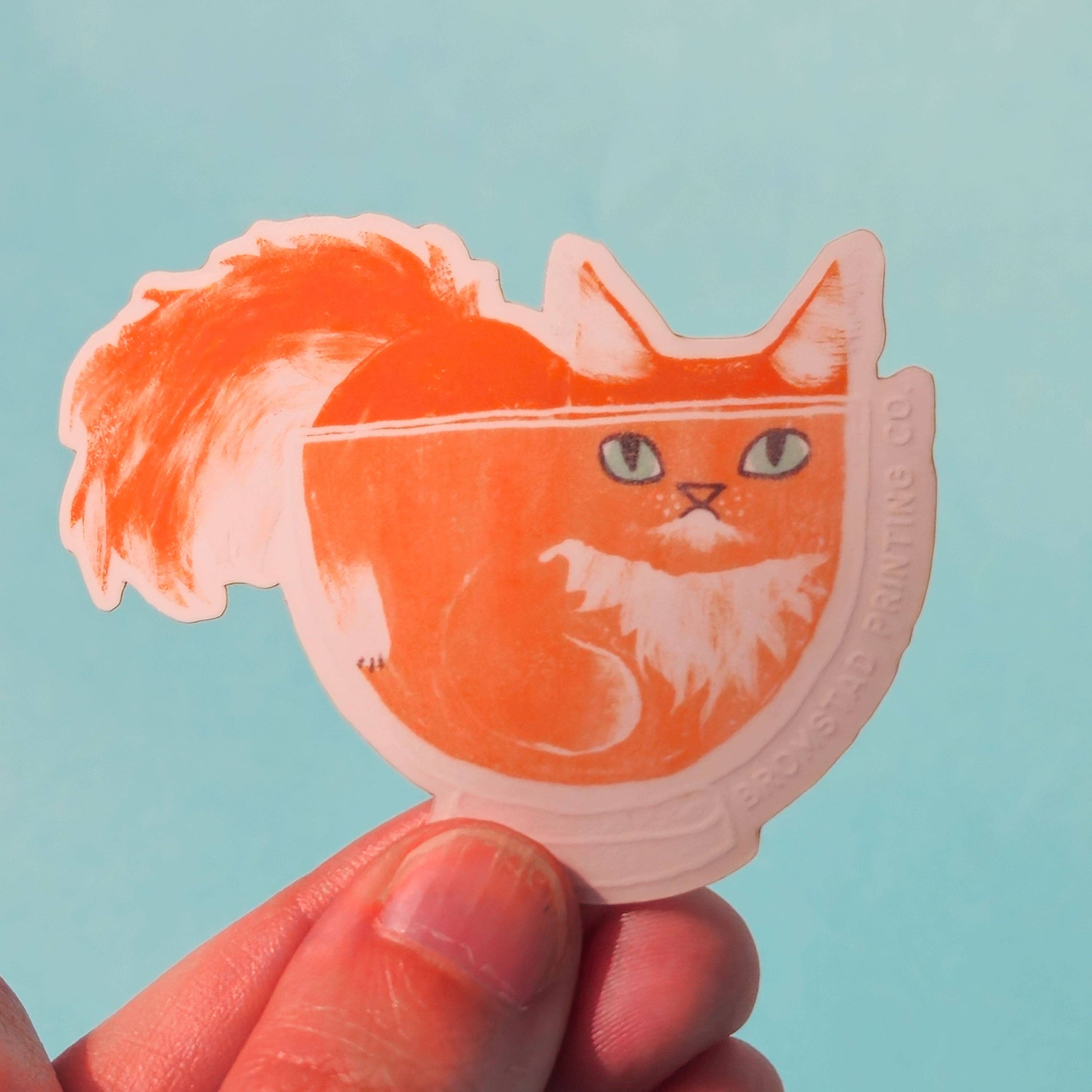 Orange Cat in a Bowl Clear Sticker - Waterproof Vinyl Decal for Laptops, Water Bottles & DIY Crafts - Cute Kitten Design for Home Decor & Scrapbooking