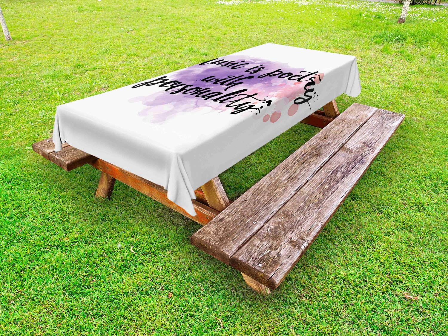 Ambesonne Music Themed Outdoor Tablecloth - Handwritten Calligraphy with Inspirational Words & Color Splash Art, Washable Picnic Table Cover 58x104 Inches in Violet Coral Black - Perfect for Garden Parties, BBQs, and Outdoor Dining