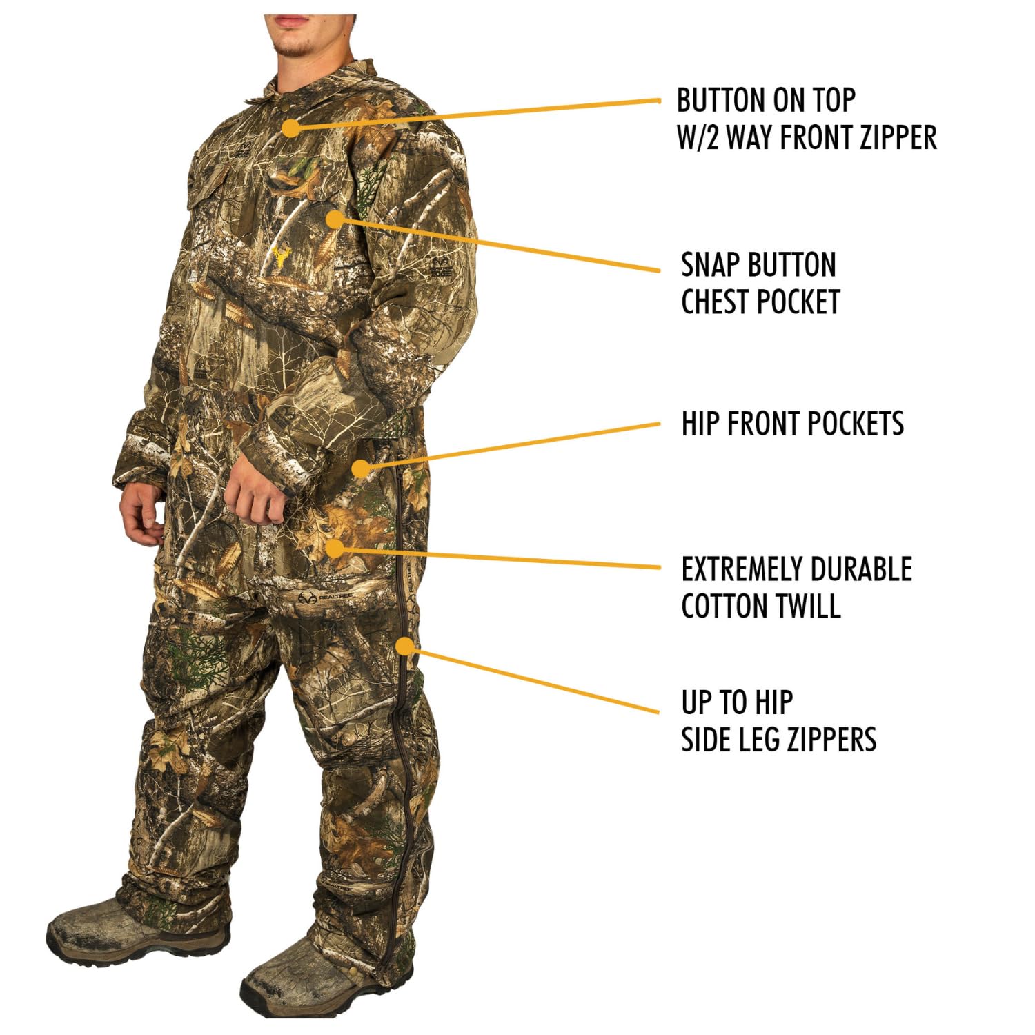 HOT SHOT Men's Insulated Twill Camo Hunting Coverall - Warm Winter One-Piece Full Body Coveralls for Cold Weather | Ideal for Hunting, Outdoor Work & Winter Activities