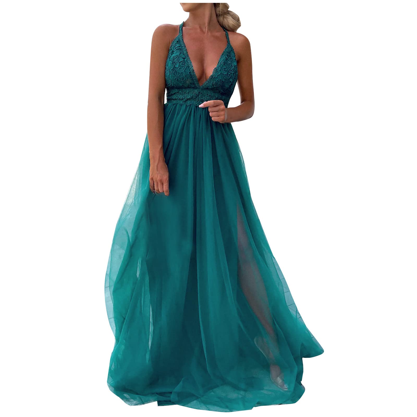 Elegant Women's Romantic Maxi Dress for Wedding Guest - Deep V Neck Lace Open Back Slit Empire Waist Tie Knot Dress | Perfect for Beach Weddings, Cocktail Parties & Date Nights