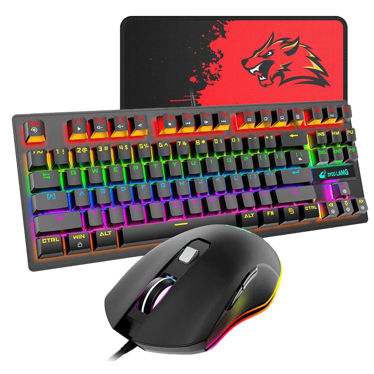 Blue Switch 87-Key USB Wired Mechanical Gaming Keyboard & RGB Mouse Combo with Mouse Pad - Rainbow Backlit for PC, Laptop Gamers | Perfect for Esports, Office Work & Home Gaming Setup