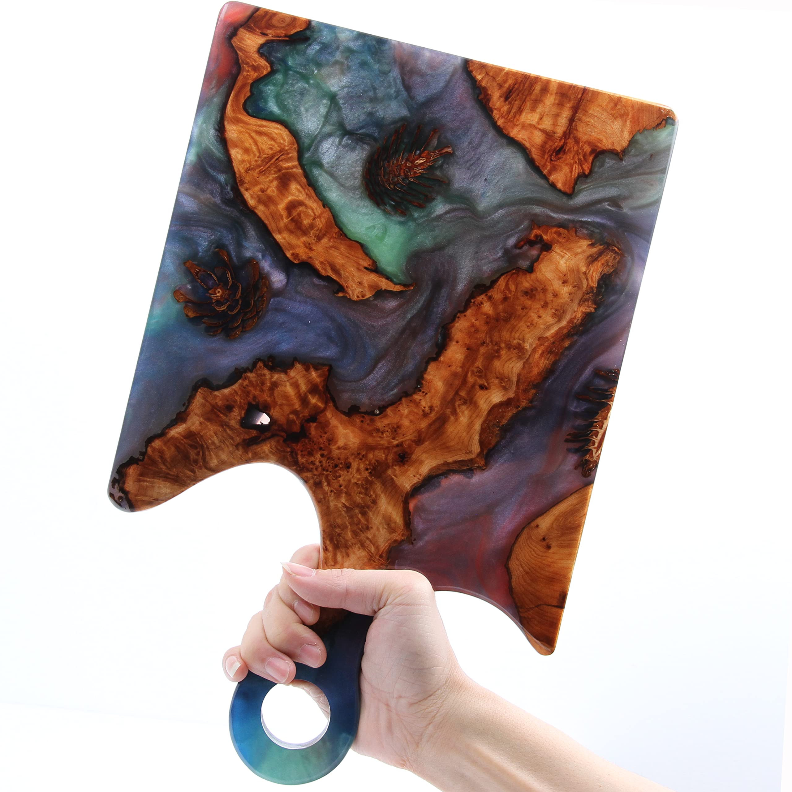 Jeezi Handmade Wood and Epoxy Resin Charcuterie Board - Ocean Wave Cheese Platter, River Serving Tray & Pizza Paddle with Handle - Perfect for Entertaining, Charcuterie Displays & Kitchen Serving (12x8 Inches)