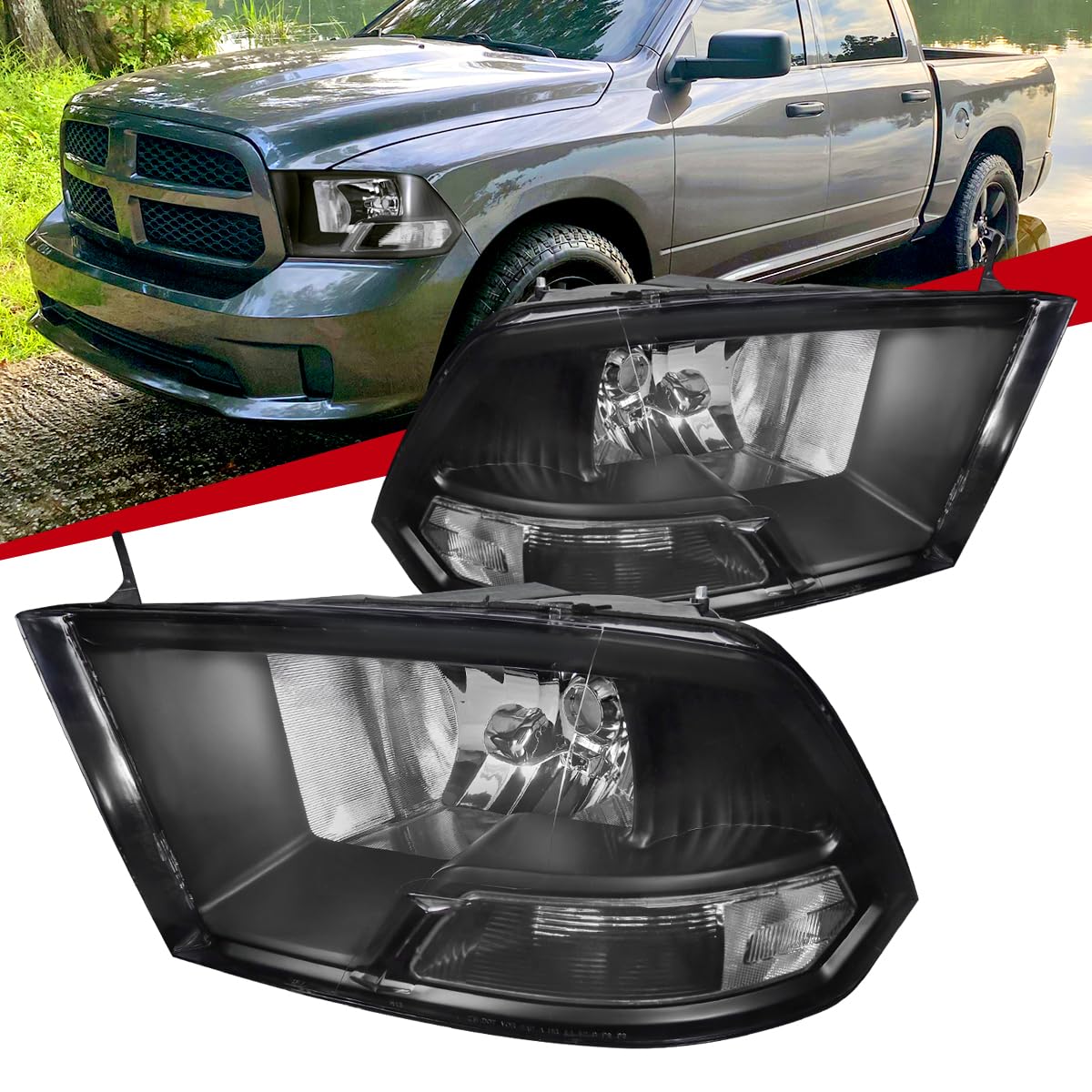 2009-2019 Dodge Ram 1500 2500 3500 Replacement Black Headlight Assembly - LED Projector Front Lamps for Improved Night Driving & Off-Road Visibility