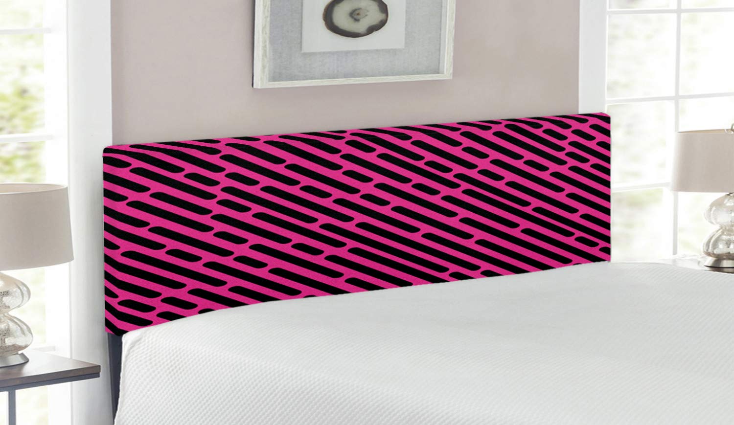 Lunarable Geometric Headboard - Vintage Abstract Design with Black Dash Lines, Upholstered Decorative Metal Bed Frame with Memory Foam - Queen Size Pink & Black - Perfect for Modern Bedroom Decor, Guest Rooms & Cozy Master Suites