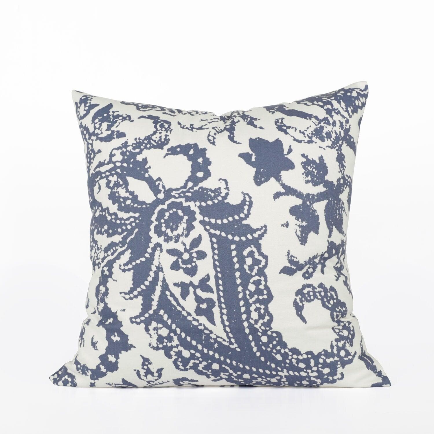 Premium Edina Washed Blue Damask Printed Cotton Cushion Covers (Set of 2) - Soft Decorative Pillow Cases for Sofa, Bed & Home Decor