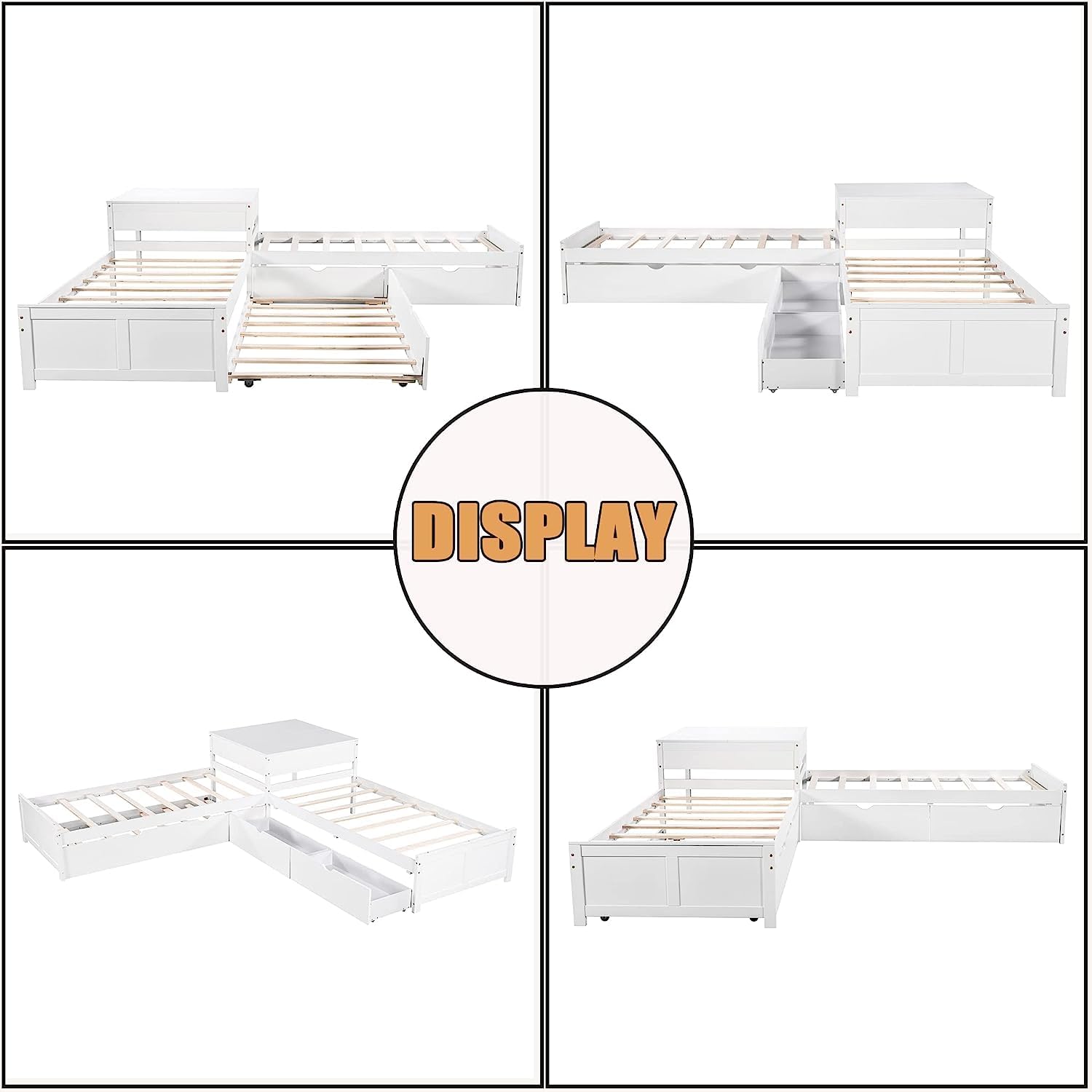 **L-Shaped Wooden Platform Bed with Trundle & Drawers - Twin Size, White - Built-in Desk & 3 Twin Beds for Kids, Teens, Boys & Girls - Perfect for Small Bedrooms, Shared Rooms & Multi-Kid Spaces**
