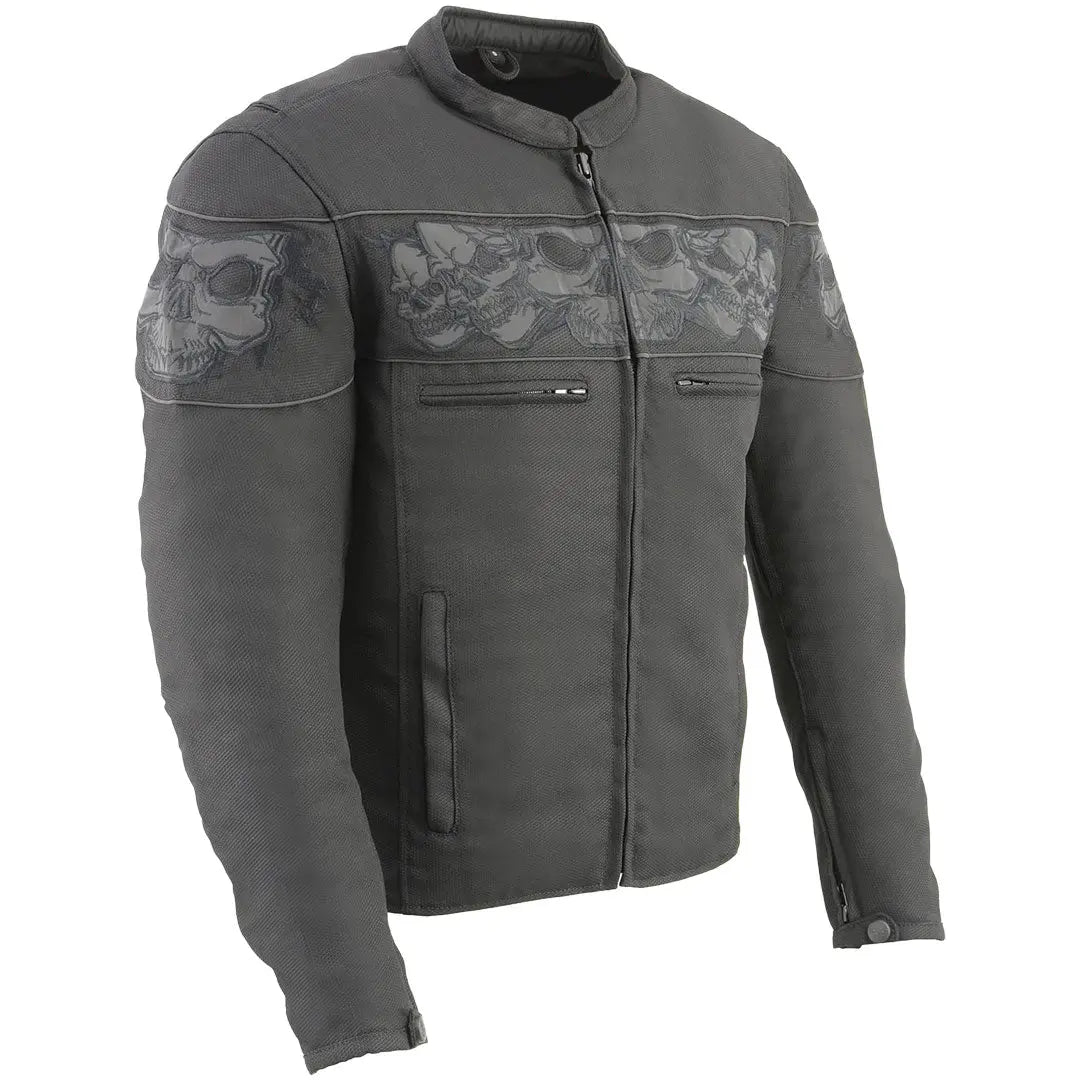 Open Road Men's Reflective Skull Cordura Motorcycle Jacket - High Visibility Biker Gear for Night Riding & Safety Protection