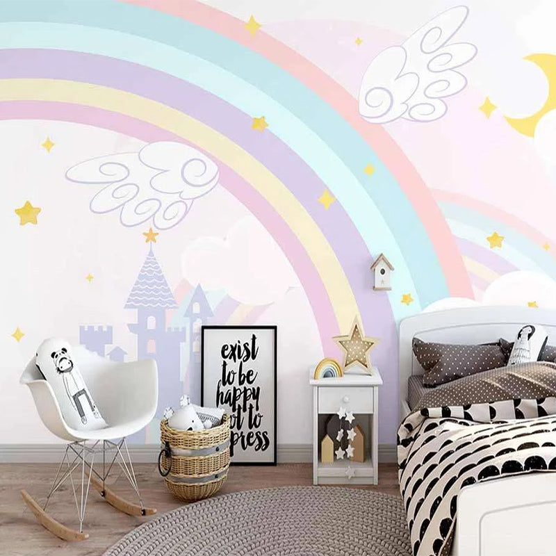 Pink Castle with Rainbow Nursery Wallpaper - Kids Room Decor, Fantasy Themed Wall Mural for Baby Girl Bedroom & Playroom