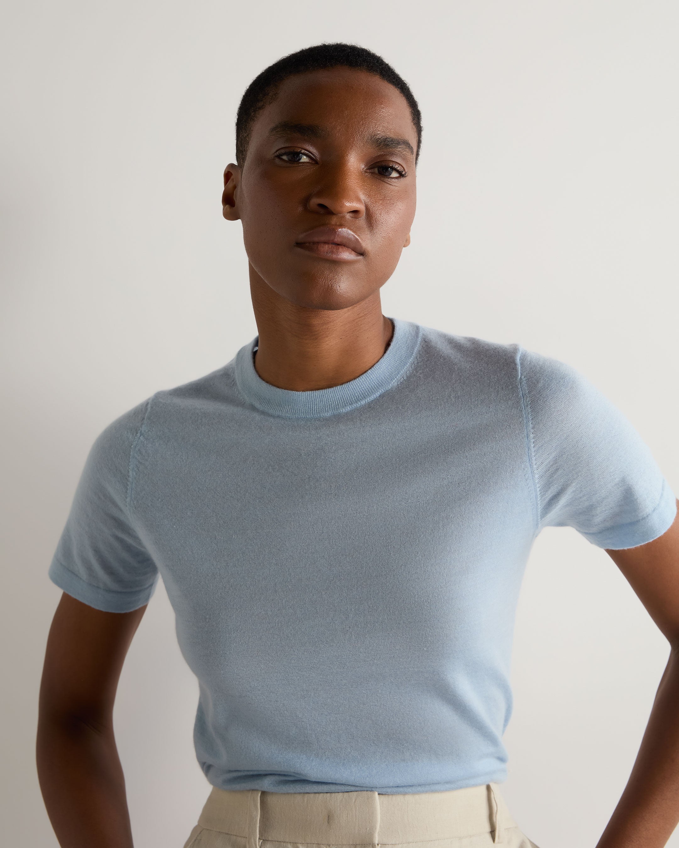 Premium Women's Isla Superfine Cashmere T-Shirt - Soft Pale Blue Crewneck Tee for Work, Travel & Casual Wear