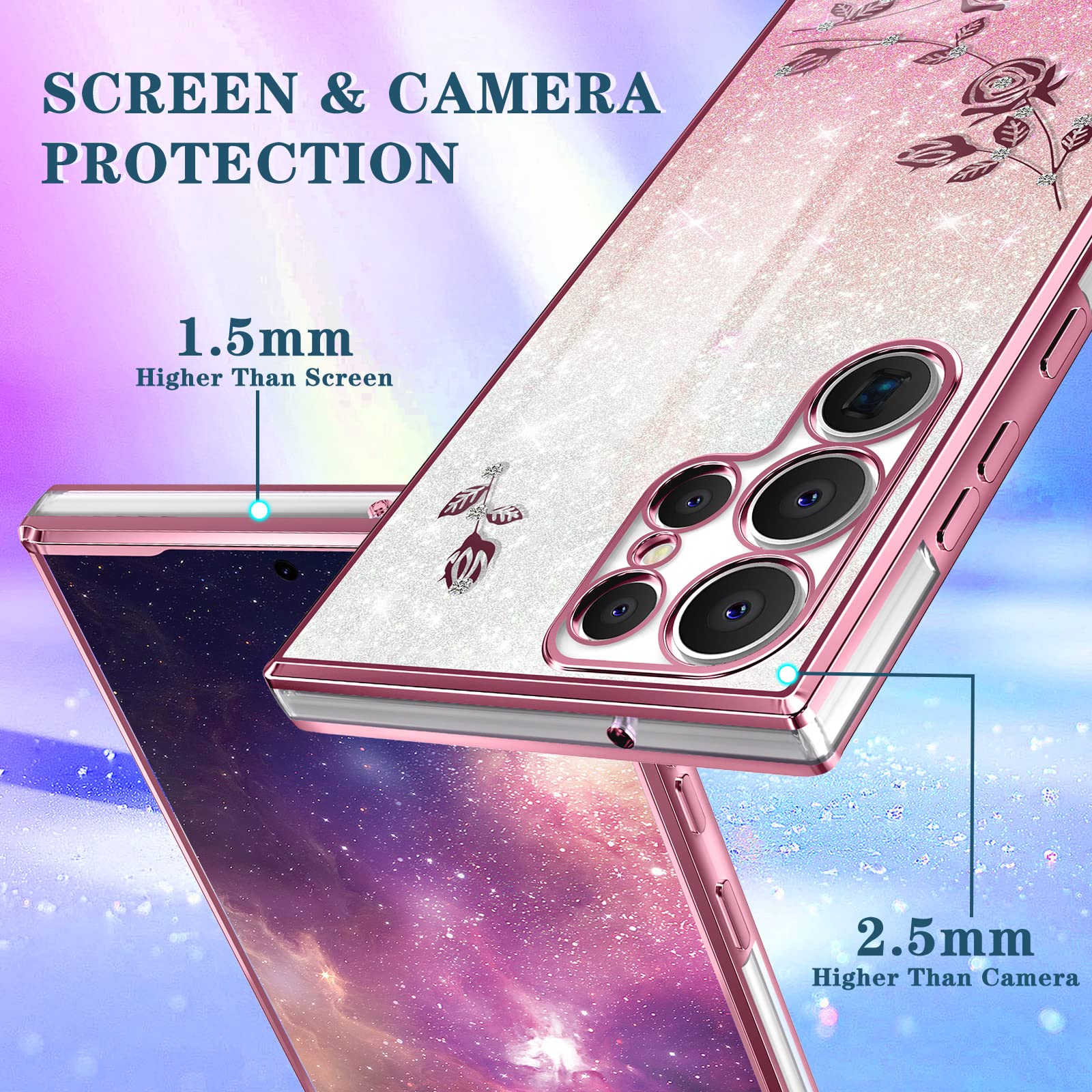 3-in1 Sparkly Glitter Phone Case for Samsung Galaxy S23 Ultra - Cute Floral Bling Cover with Ring Stand for Women & Girls | Protective 6.8