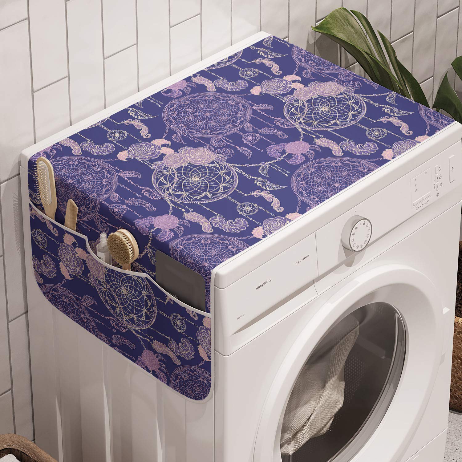 Ambesonne Boho Washing Machine Cover Organizer - Dreamcatcher & Rose Pattern Anti-Slip Fabric Protector for Washers & Dryers, 47