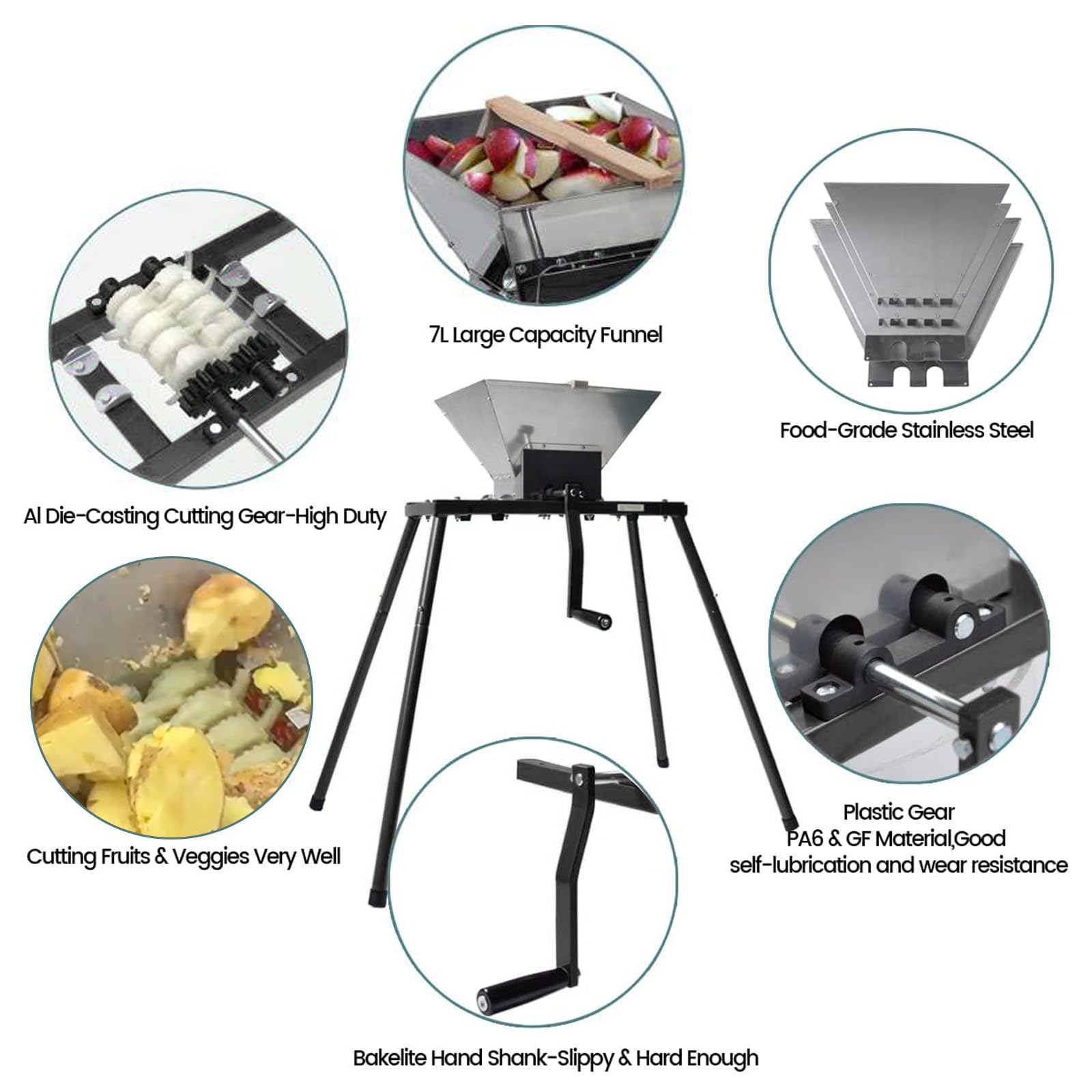 Premium Stainless Steel Fruit Crusher for Wine & Cider Making - 7L Manual Apple Grinder with Nylon Teeth & Stable Stand - Perfect for Home Brewing, Juicing, and Fruit Processing