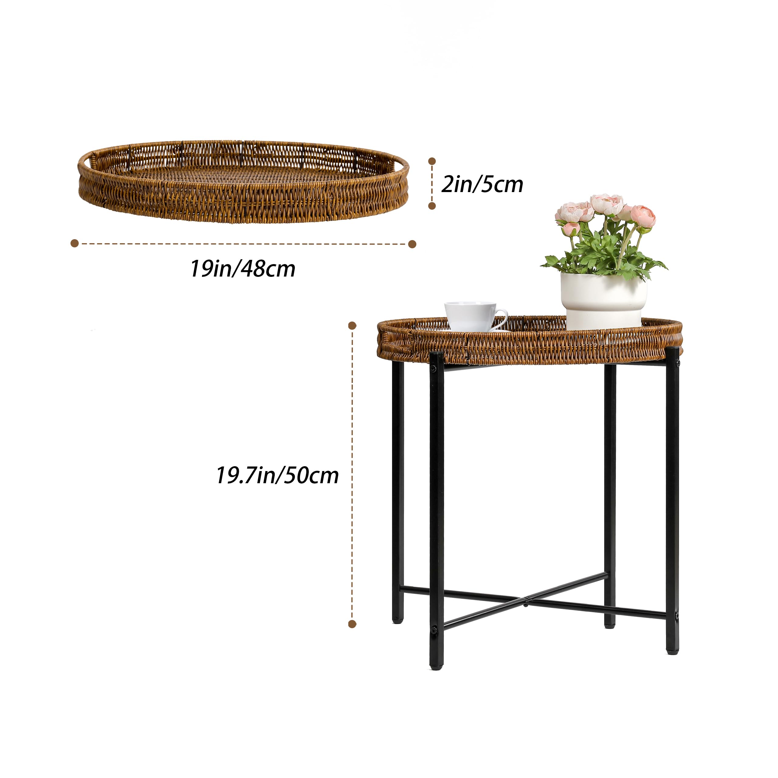 Brown Small Round Rattan End Table - 19 Inch Wicker Side Table for Sofa, Indoor & Outdoor Use - Perfect for Patio, Living Room, Bedroom, and Office Decor