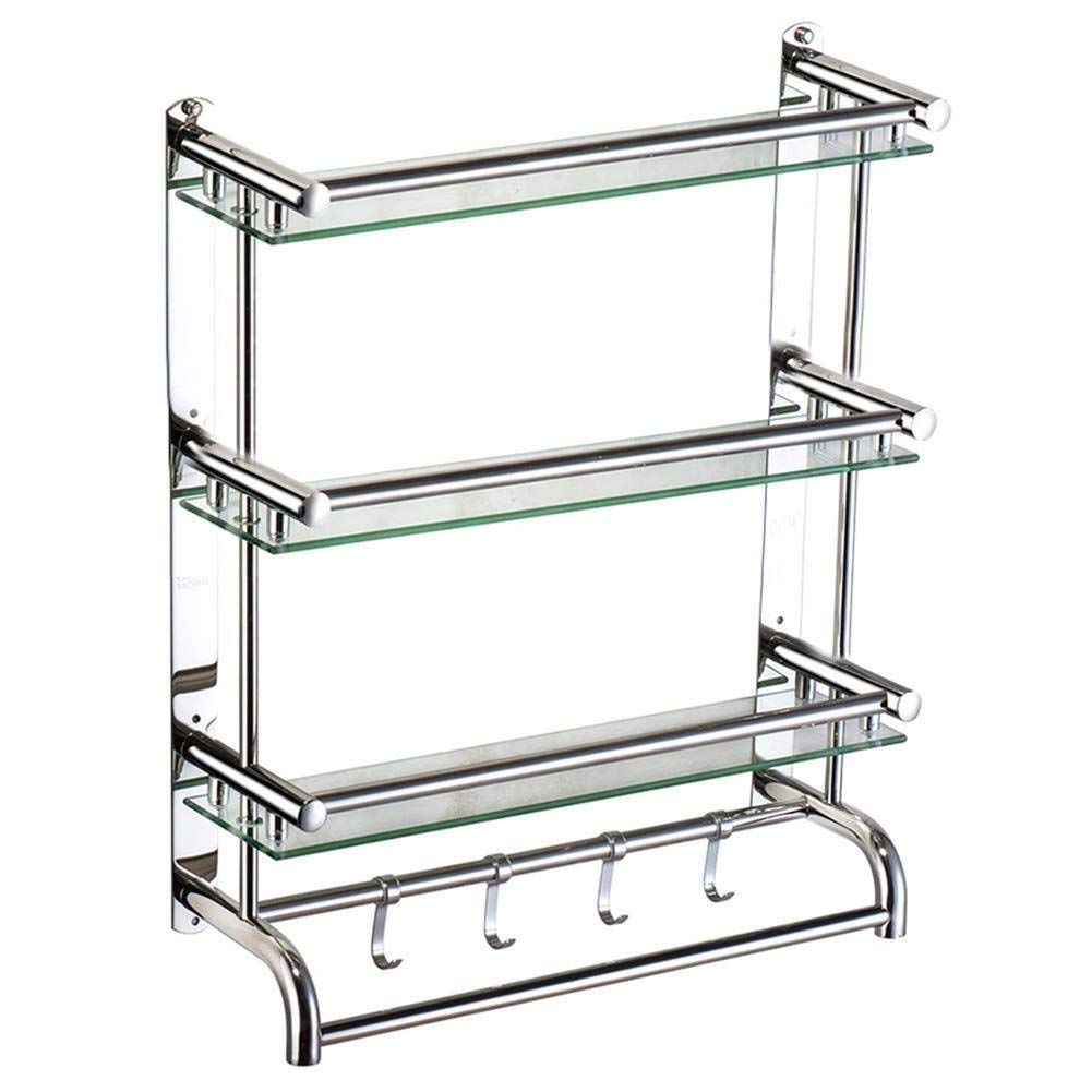3-Tier Glass Bathroom Shelf with Stainless Steel Towel Rack - Wall Mounted Storage Organizer for Bath Towels & Toiletries (40cm) - Perfect for Small Bathrooms, Showers & Spa Areas
