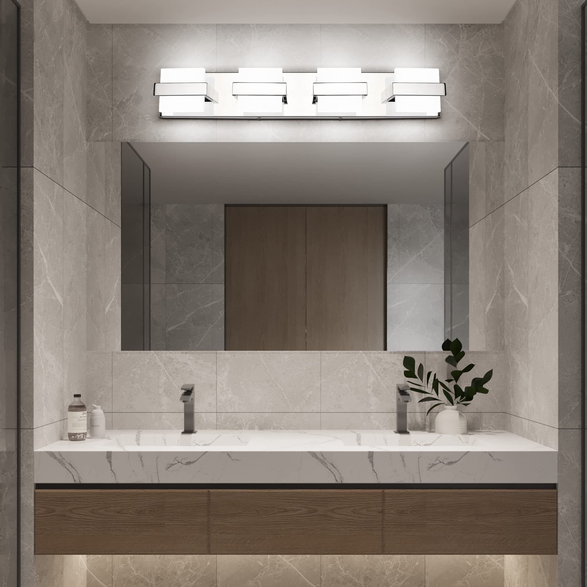 SOLFART 4-Light Chrome Modern LED Bathroom Vanity Light Fixture - 27 Inch Dimmable White Light for Mirror - Perfect for Bathroom, Powder Room & Dressing Area Makeup Lighting