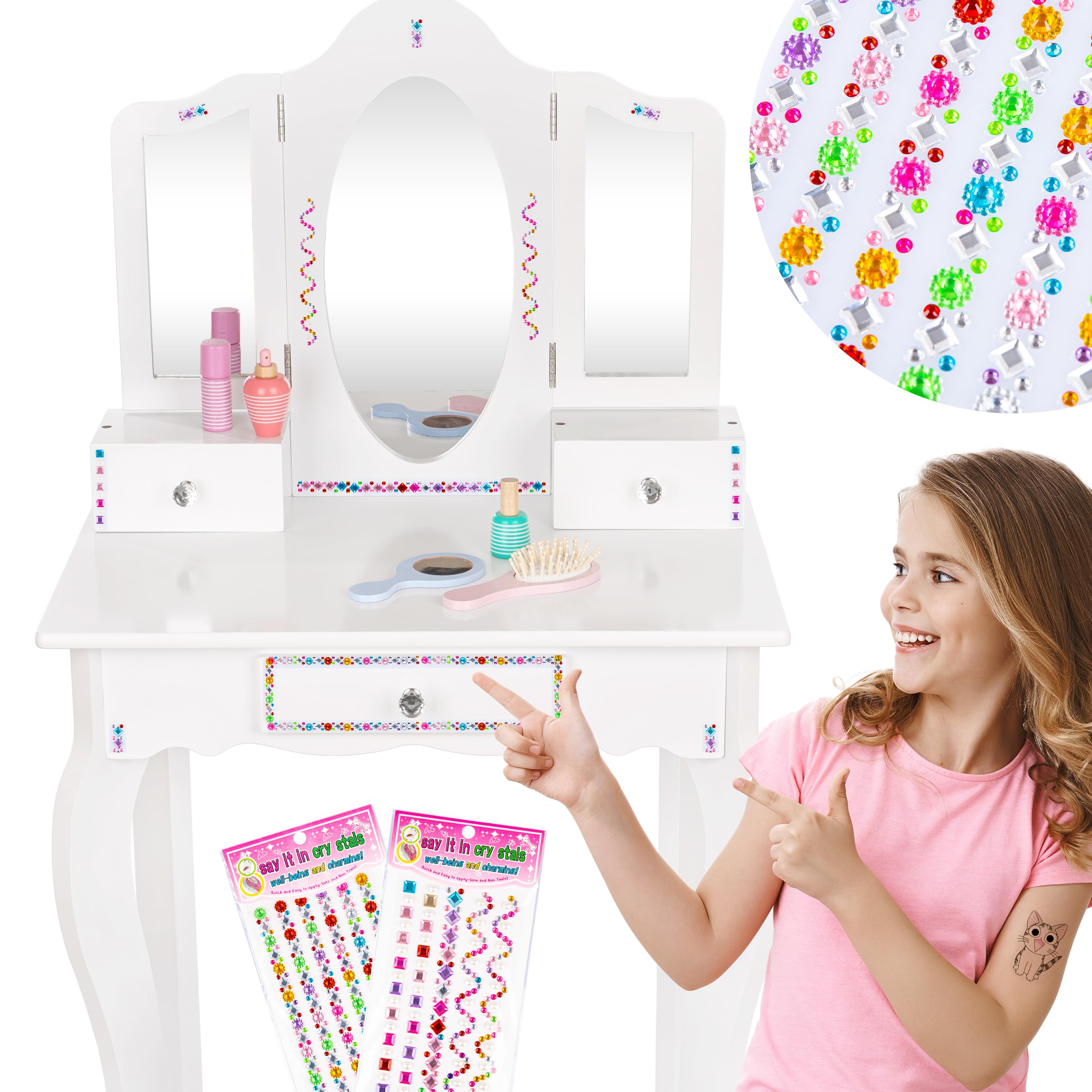 Wooden Kids Vanity Set with Mirror & Accessories - White Makeup Dresser Table with Drawers - Educational Toy for Girls Ages 3-6 Years (GS3302) - Perfect for Pretend Play, Birthday Gifts & Bedroom Decor