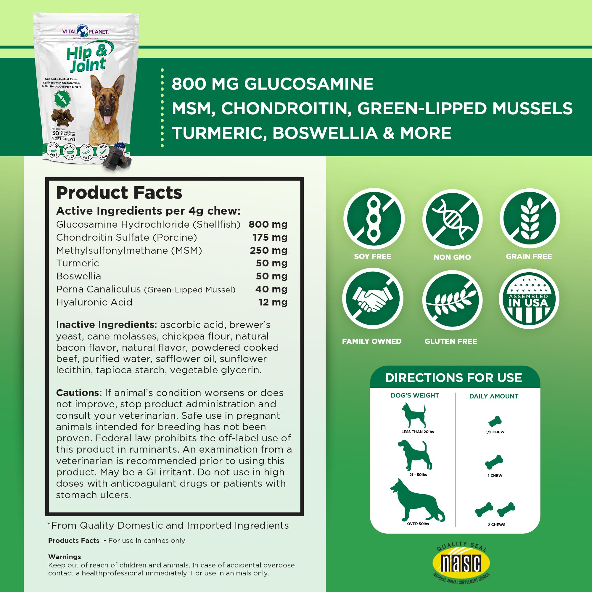 Vital Planet Hip & Joint Soft Chews for Dogs - Glucosamine, MSM & Collagen Supplement with Green-Lipped Mussel - Bacon Flavored Dog Treats (30 Count) - Supports Mobility & Joint Health for Active & Senior Dogs