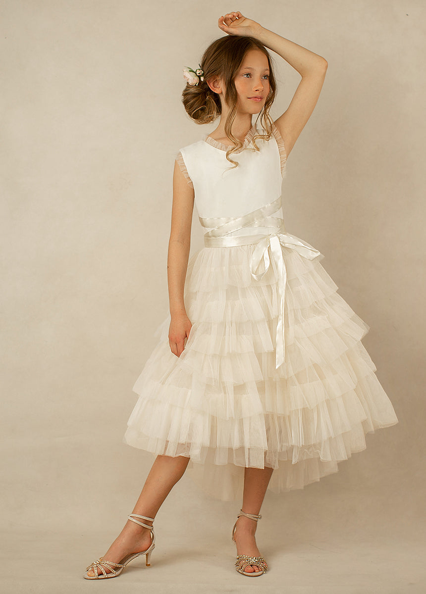 Evian Floral Girl Dress - Elegant Lily Print Party Dress for Kids, Flower Girls, Weddings & Special Occasions