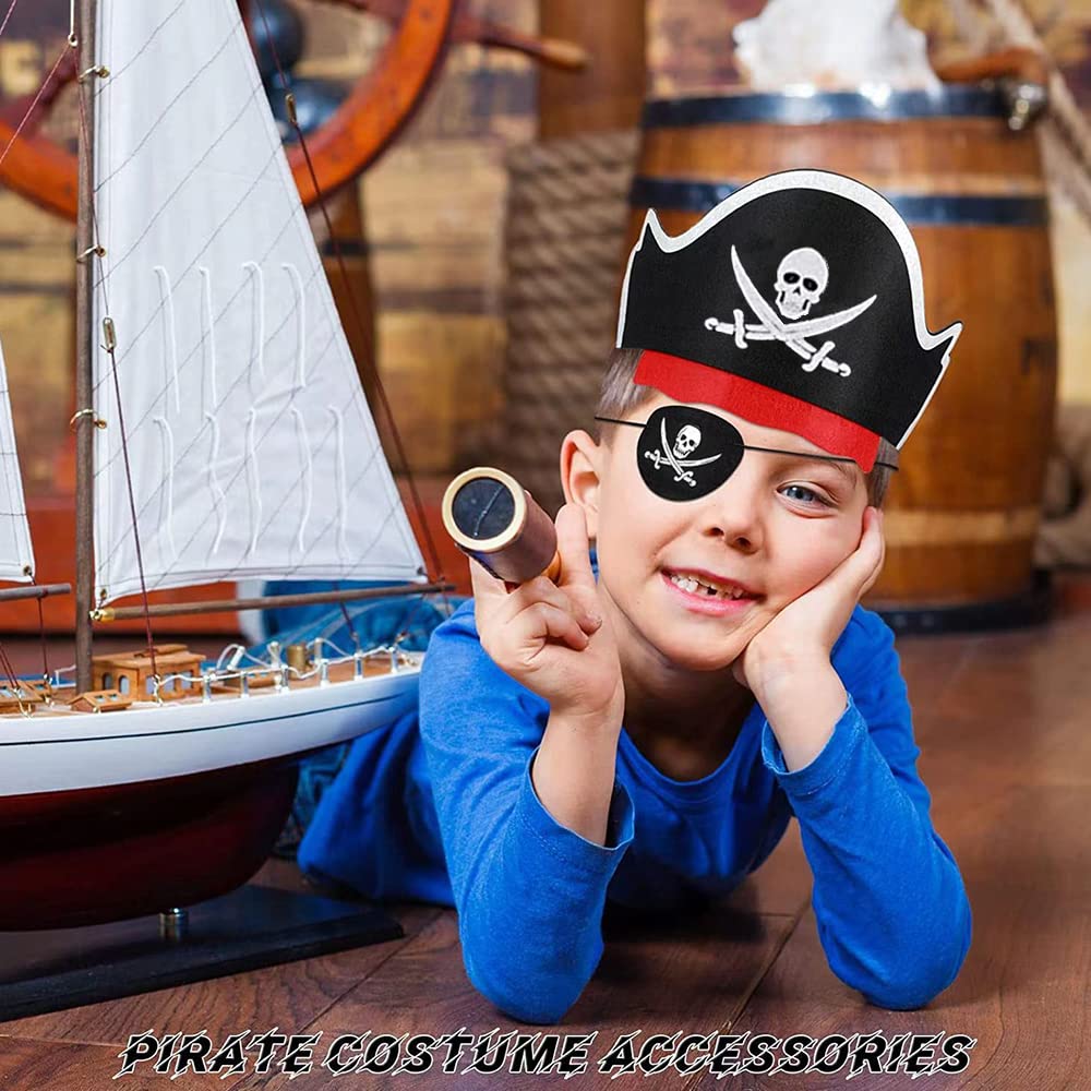 4 Pcs Pirate Hat Set with Skull Print & Felt Eye Patch - Classic Pirate Captain Costume Accessories for Halloween, Cosplay, Masquerade Party & Pirate Themed Events