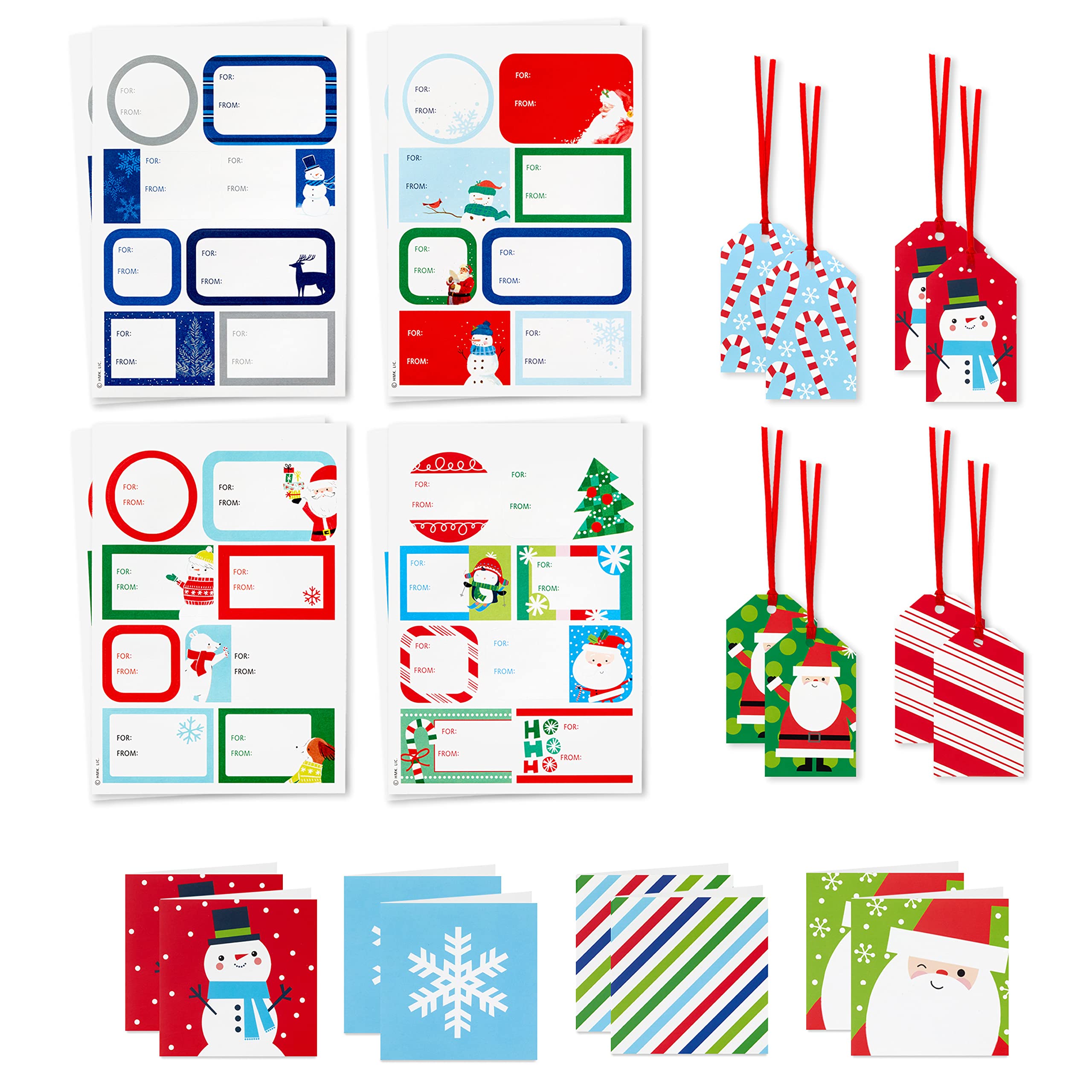 Hallmark Christmas Gift Tags with Ribbon, Sticker Seals, and Mini Notecards - Santa, Snowman, Stripes in Red, Green, Blue - Perfect for Holiday Gift Wrapping, Present Bags, and Festive Party Favors