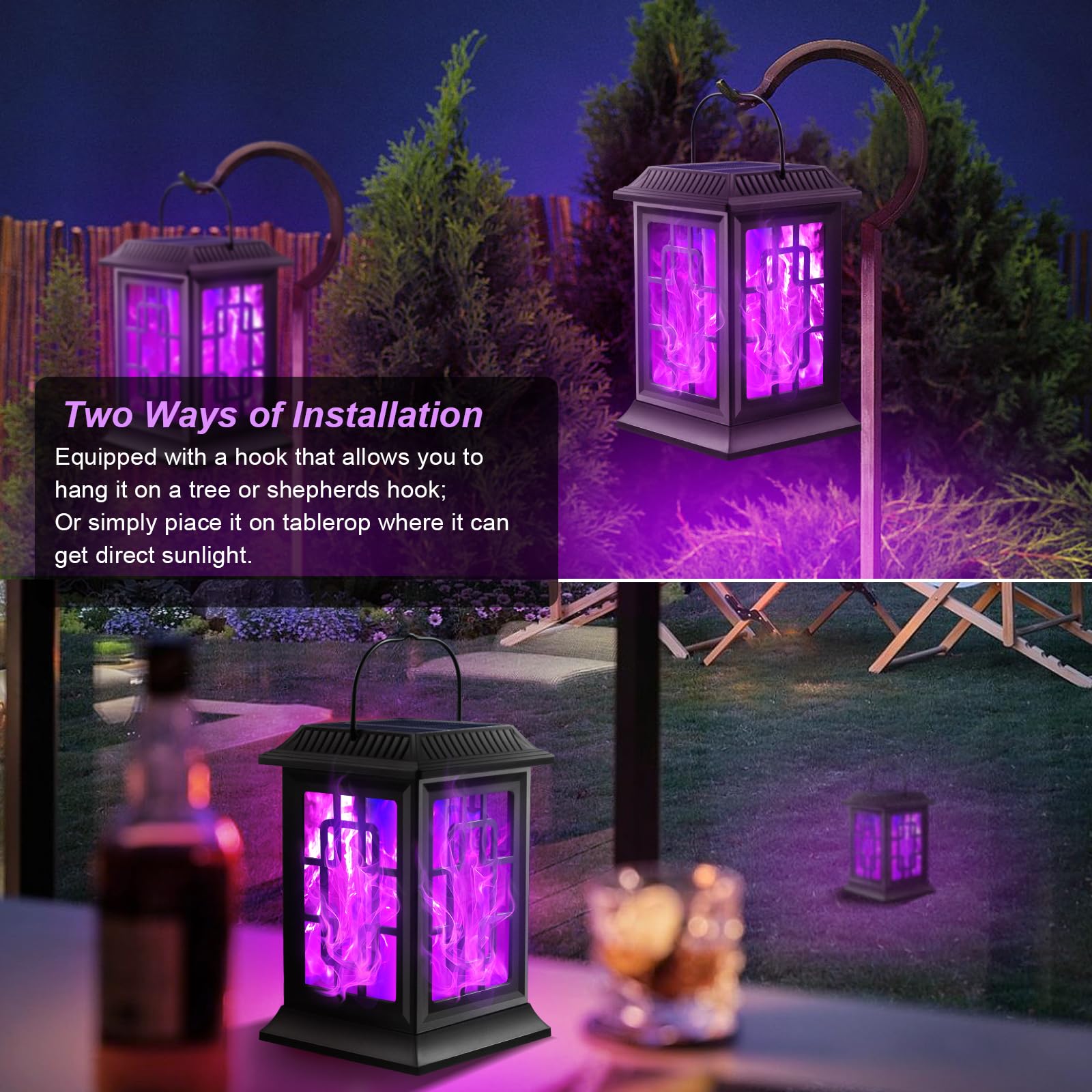 2 Pack Solar Flickering Flame Lanterns - Waterproof Outdoor Hanging Solar Lights for Garden, Patio, Yard & Pathway Decor (Purple) | Perfect for Halloween, Christmas & Backyard Parties