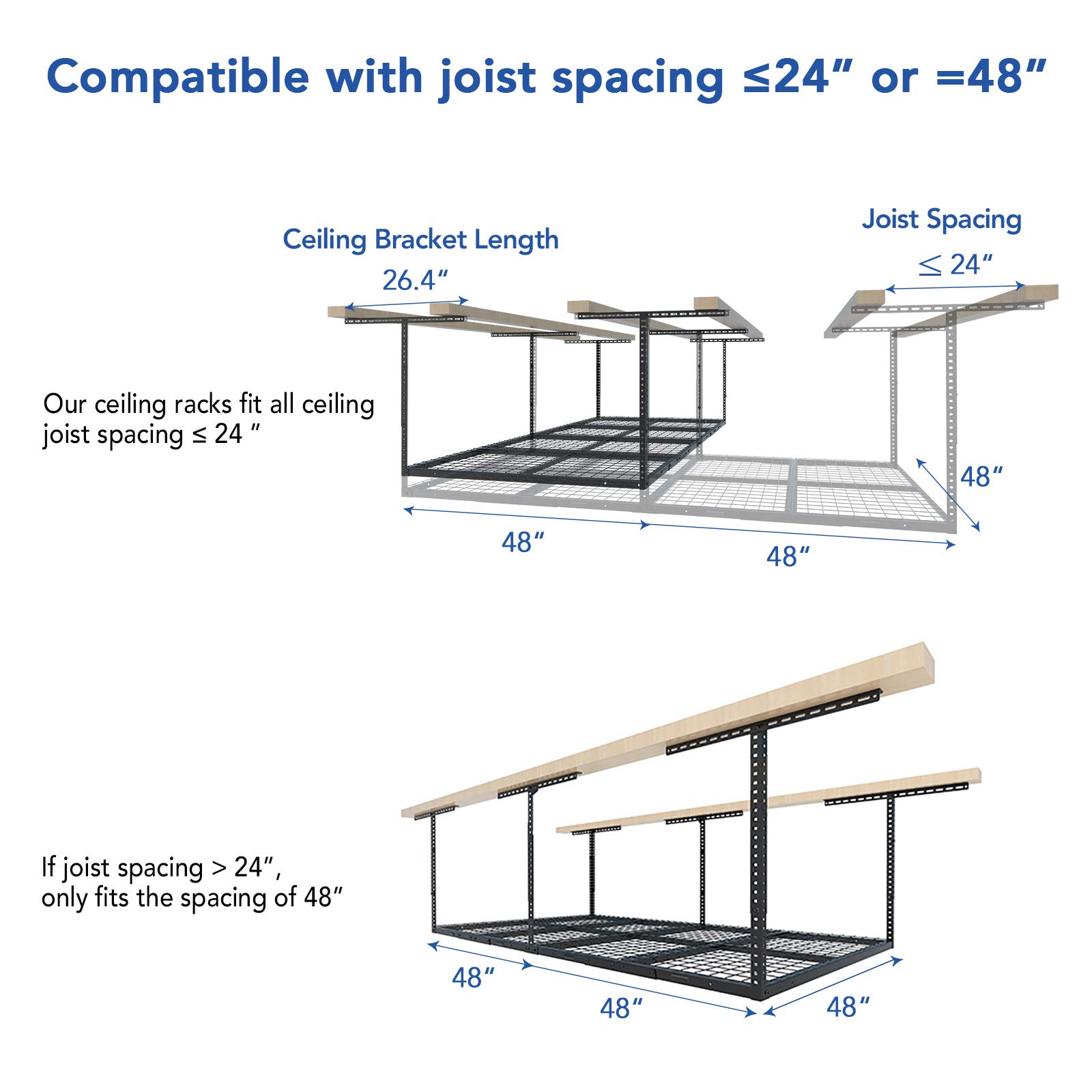FLEXIMOUNTS 4x8 Overhead Garage Storage Rack - Heavy Duty Adjustable Metal Ceiling Storage System, 600lbs Capacity, Hammertone Finish - Perfect for Garage Organization, Seasonal Items & Sports Equipment Storage