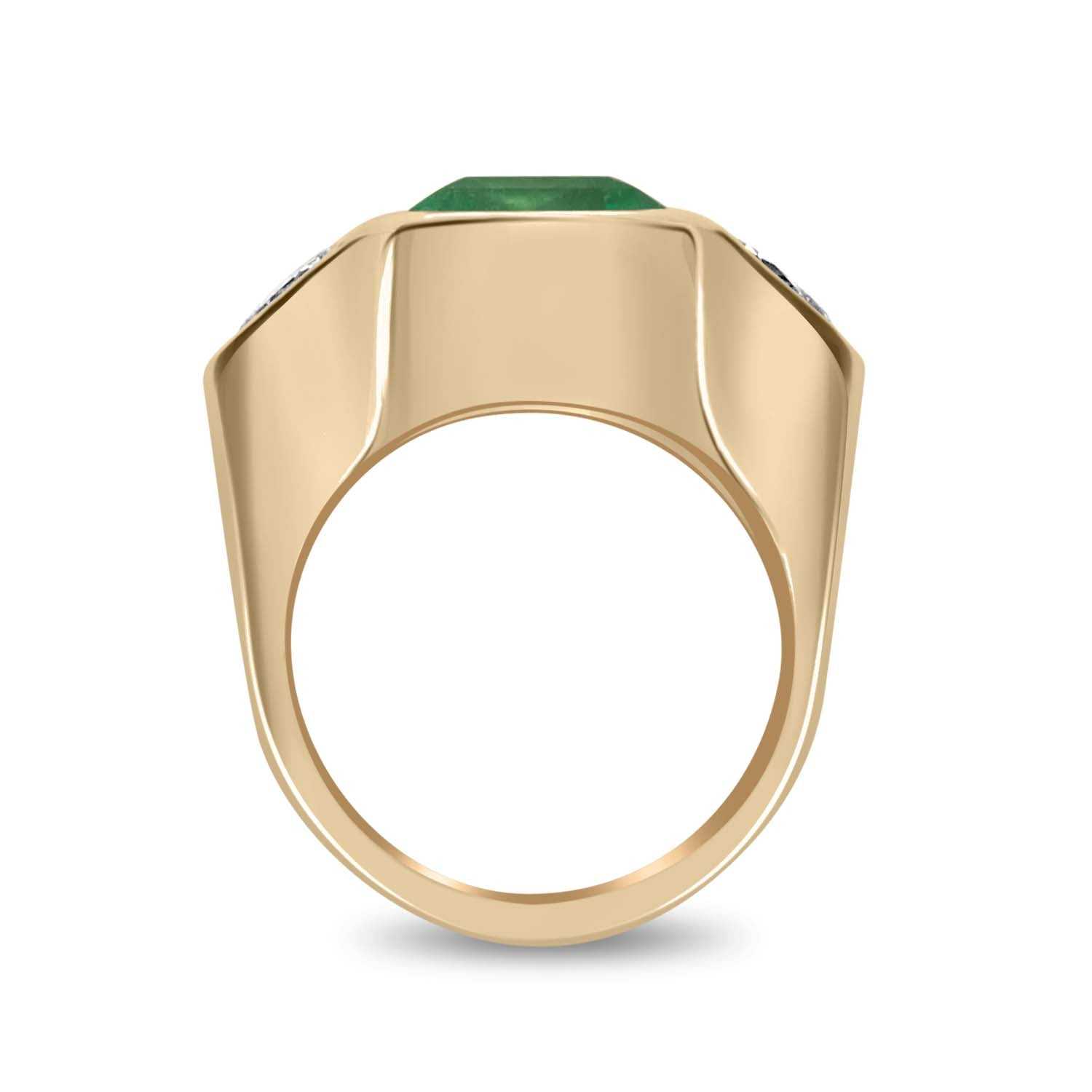 18K Gold Three Stone Emerald Cut Emerald & VVS Pear Cut Diamond Gypsy Ring - 4.62tcw AAA Quality for Engagement, Wedding & Anniversary Gifts