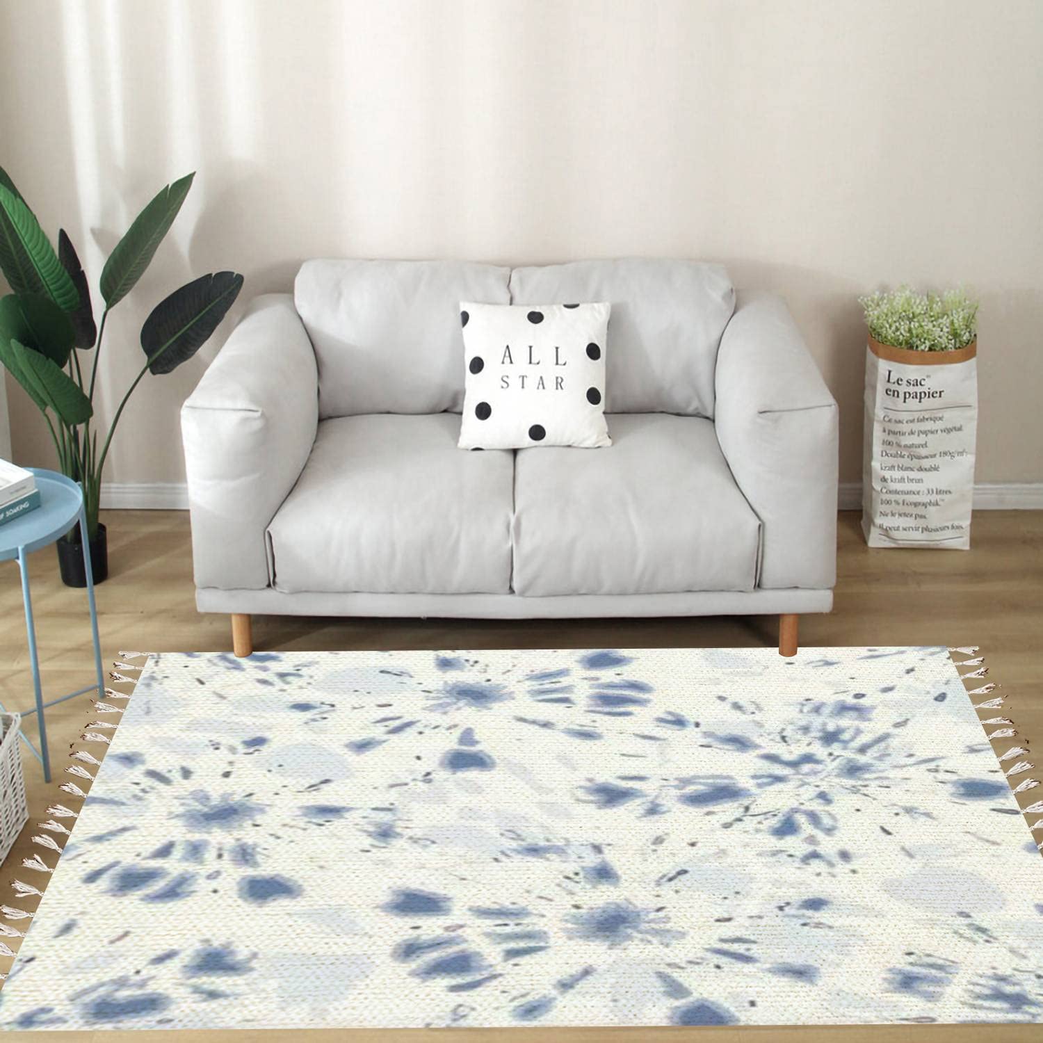 Vintage Cotton Linen Tassel Rug - Indigo Tie Dye Shibori Sunburst Circles on White - Boho Chic Washable Woven Area Rug - Perfect for Living Room, Bedroom, Kitchen, Bathroom & Outdoor Decor