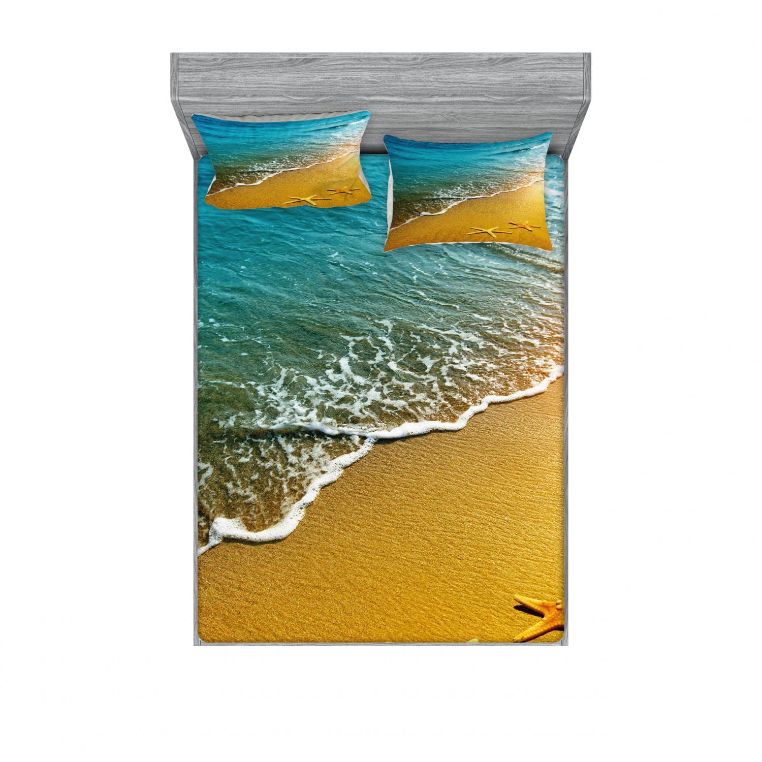 Ambesonne 2-Piece King Size Fitted Sheet & Pillow Sham Set - Caribbean Ocean Theme, Pale Blue & Marigold Bedding Decor (Includes 2 Fitted Sheets & 4 Pillow Covers) | Perfect for Beach House, Coastal Decor & Tropical Bedroom Themes