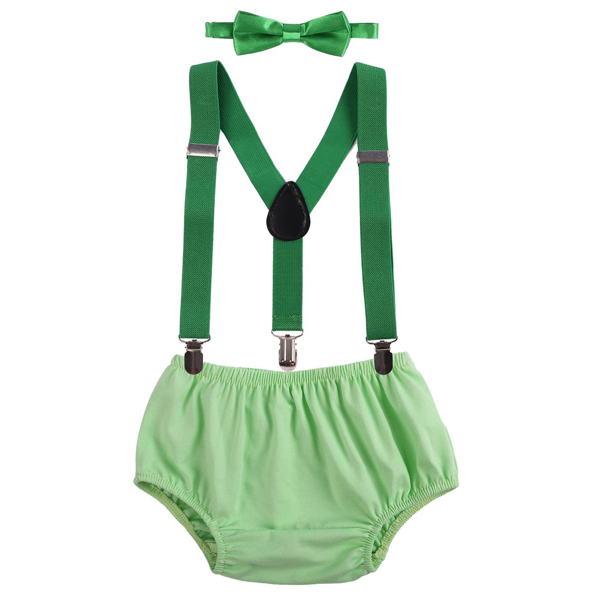 Baby Boys Cake Smash Outfit Set - 3PCS Diaper Suspenders, Pants & Bow Tie for 1st & 2nd Birthday Photo Props (Light Green + Dark Green, 3-24 Months) | Perfect for Birthday Parties, Photo Shoots & Special Celebrations