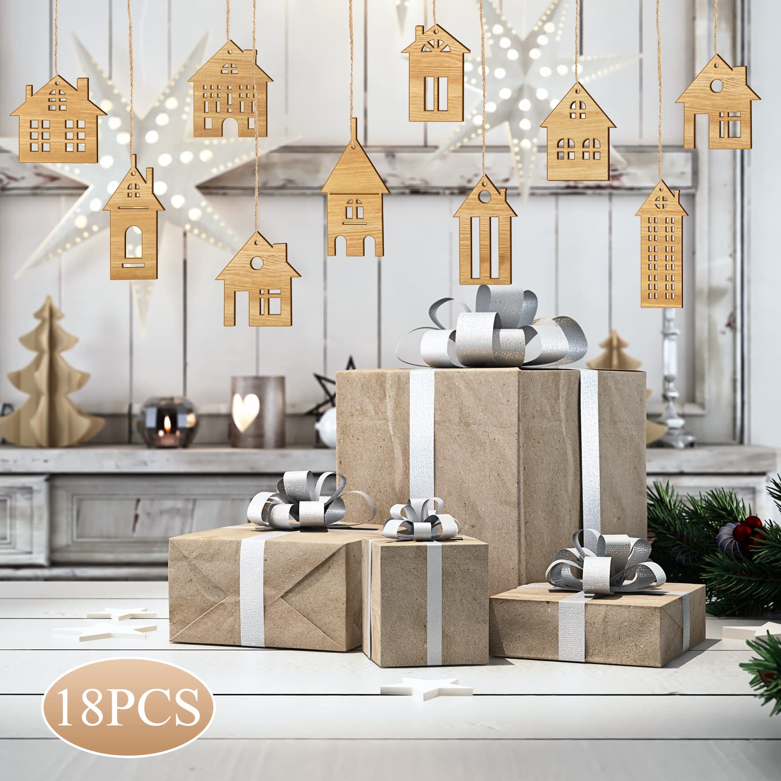 18 Pcs Wooden Christmas Tree Ornaments - Double Sided Hanging Wood House Cutouts with Ropes - Small Rustic Holiday Decor for Xmas Tree, Gift Wrapping & Home Decoration