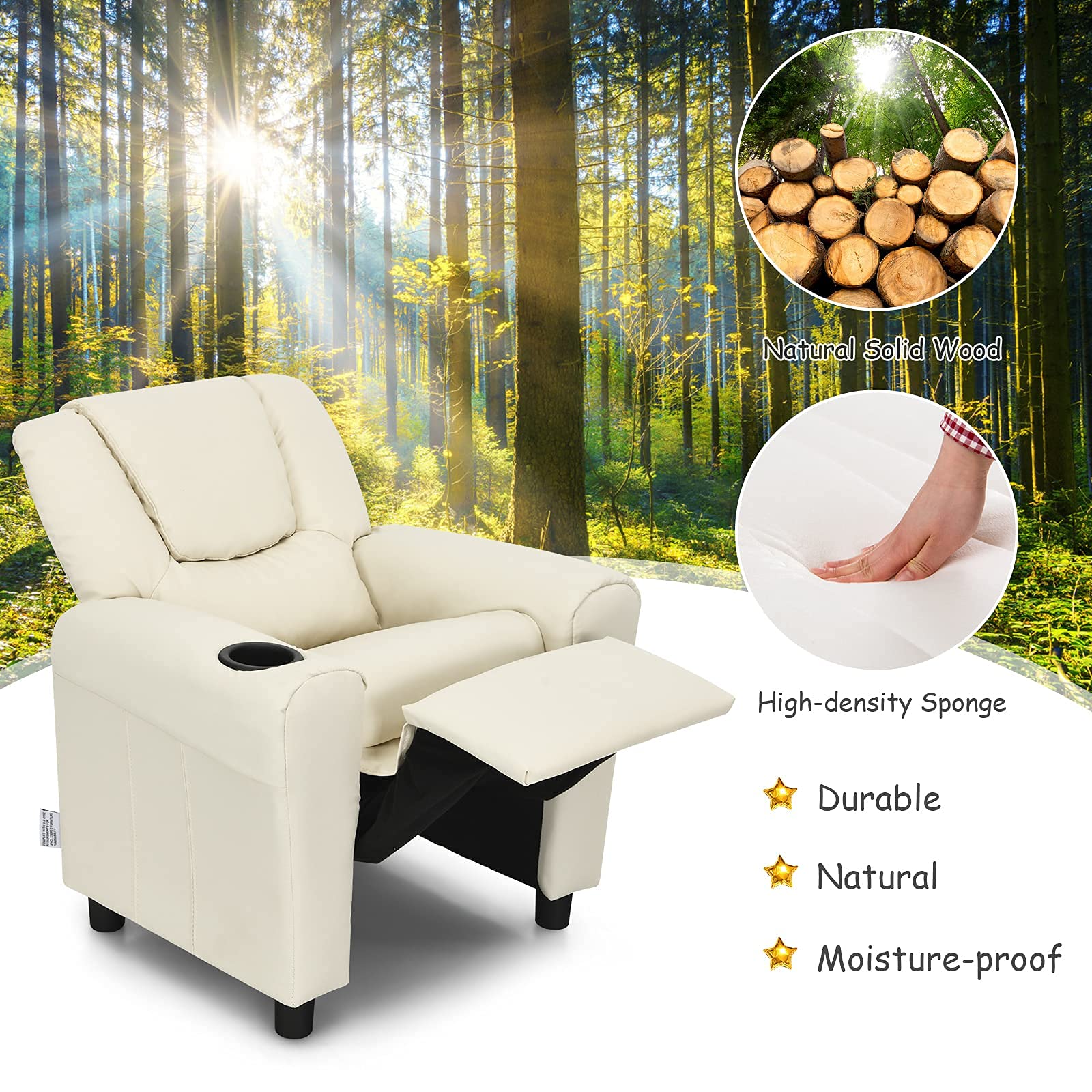 Kids Recliner Sofa Chair with Cup Holder, Adjustable Headrest & Footrest - PU Leather Toddler Armchair for Boys & Girls, Nursery, Playroom, Bedroom (Beige) - Perfect for Reading, Watching TV & Relaxing