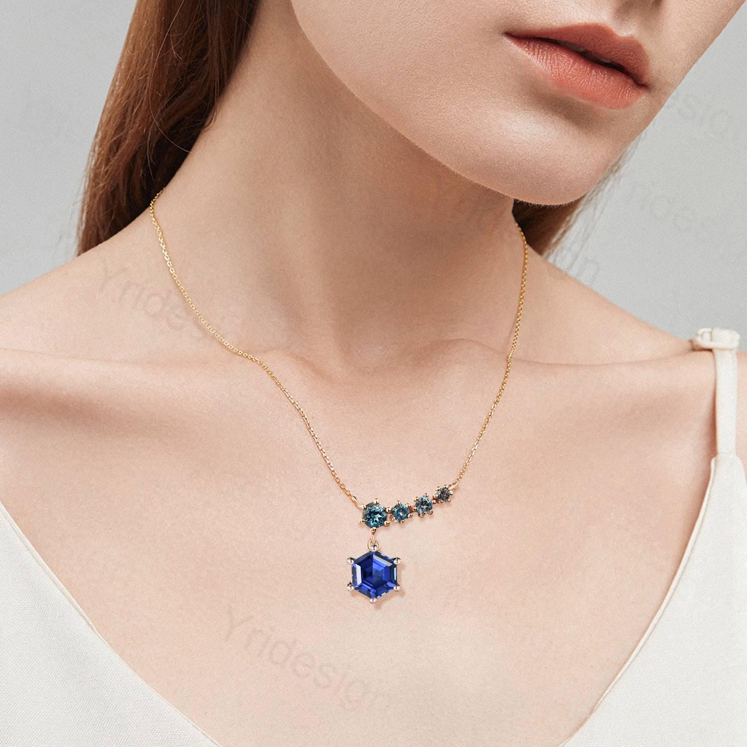 Elegant Hexagon Cut Sapphire Pendant Necklace - 5 Stone 9K/14K/18K Rose Gold Art Deco London Blue Topaz Jewelry - Perfect Anniversary Gift for Her - Ideal for Weddings, Date Nights & Special Occasions