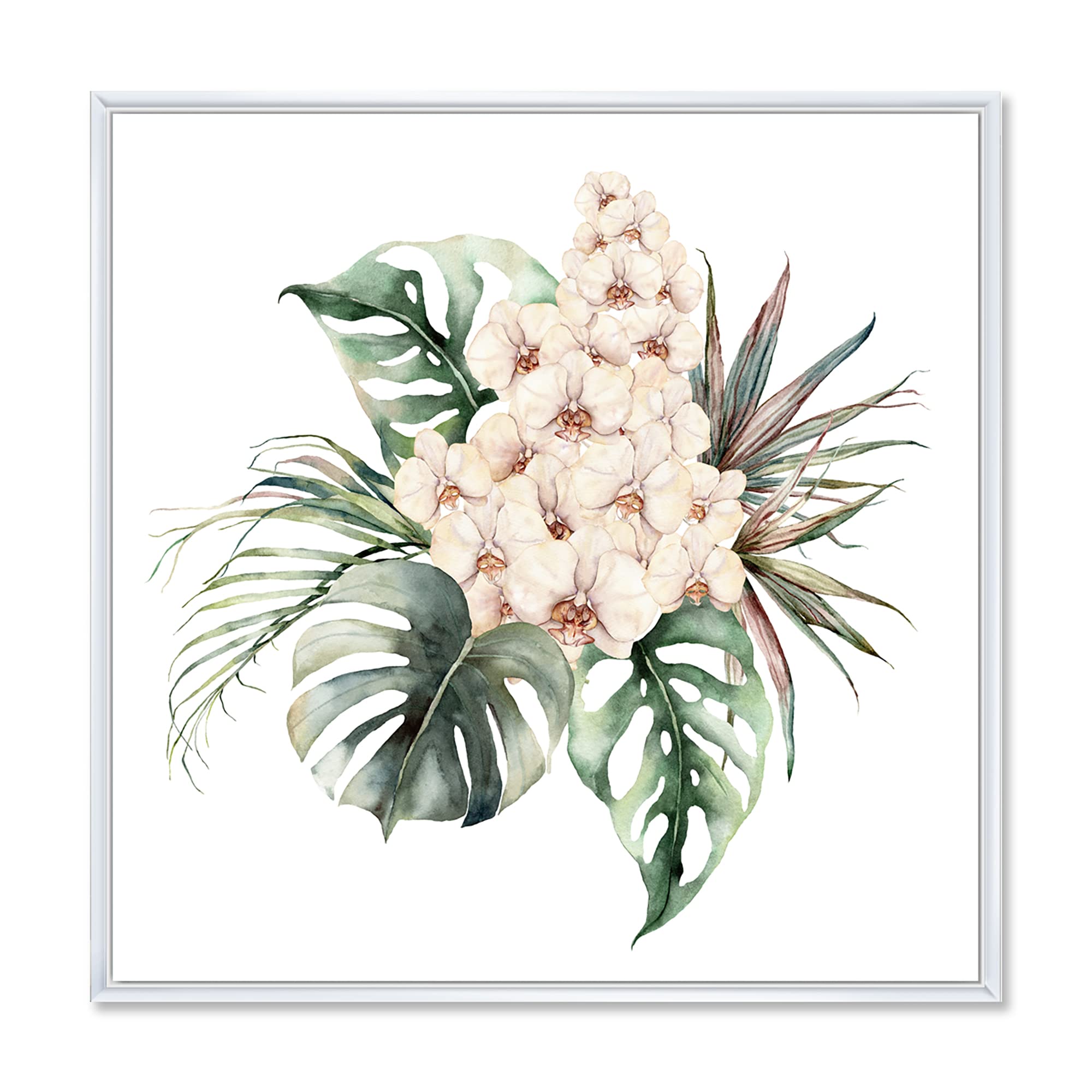 DesignQ Orchid Monstera Coconut Leaves Framed Canvas Wall Art Print - Elegant Home Decor for Living Room, Bedroom & Office