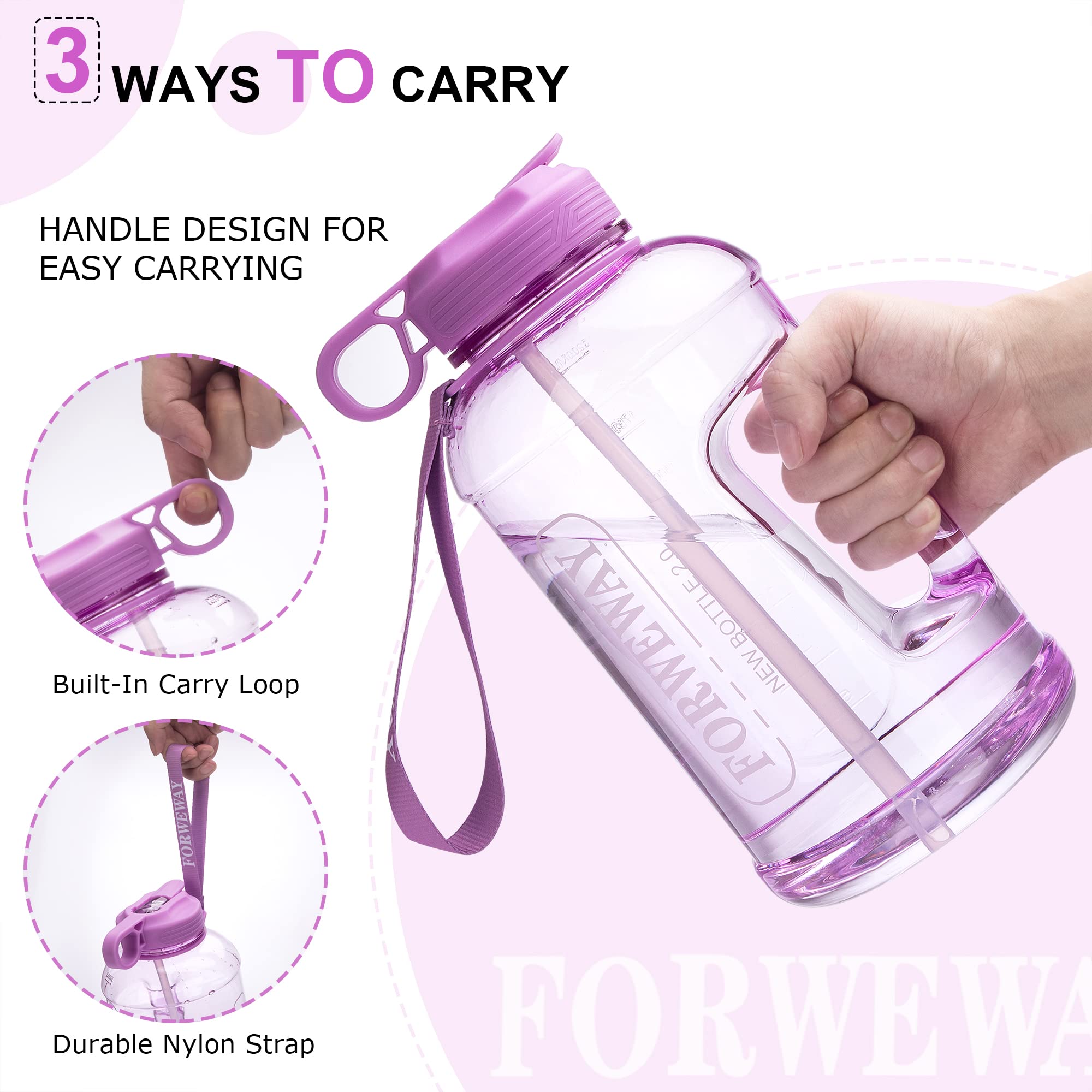 **2.2L (74oz) Leakproof Half Gallon Water Bottle with Straw & Handle - BPA Free Large Sports Water Jug for Camping, Hiking, Gym & Outdoor Activities (Purple)**