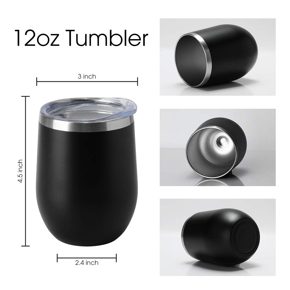 HASLE OUTFITTERS 12oz Stainless Steel Wine Tumbler with Lid - Double Wall Vacuum Insulated Stemless Wine Glass for Hot & Cold Drinks - Travel Mug for Coffee, Cocktails, Beer - Perfect for Picnics, Camping & Office Use (12 Pack, Black)