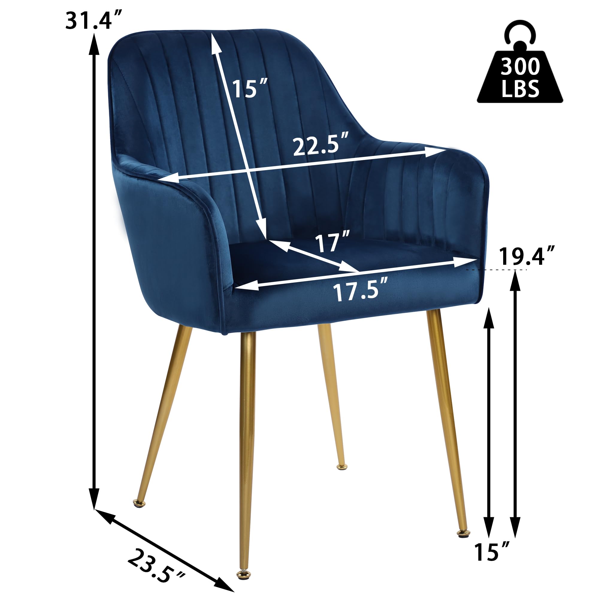 Luxury Velvet Dining Chairs Set of 2 - Blue Upholstered Modern Accent Chairs with Gold Metal Legs for Living Room, Bedroom, or Office - Comfortable Armchairs for Home Decor & Entertaining