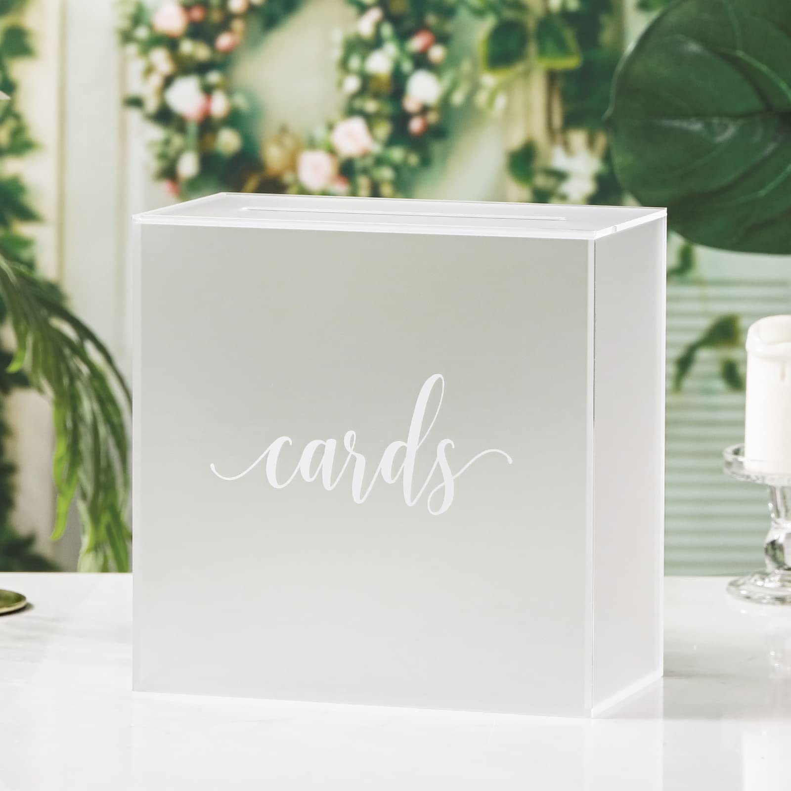 UNIQOOO Frosted Acrylic Wedding Card Box with Slot - 10x10x5.5 Inch Large Clear Money Gift Box for Wedding Receptions, Birthday Parties, Memory Keepsakes & Suggestion Boxes - Elegant White Print Design | Perfect for Wishing Wells, Ballot Voting & Special Event Decor