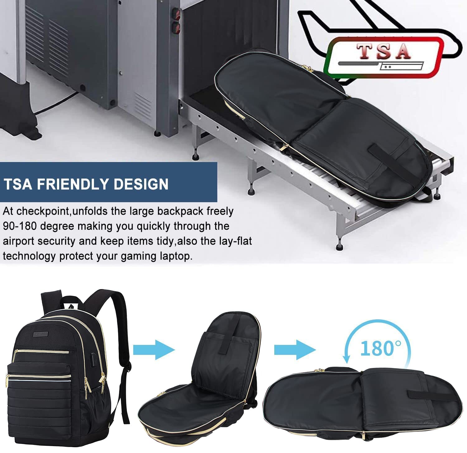 KEOFID Anti-Theft Travel Backpack for Men & Women - Stylish College Backpack with RFID Protection (Black & Gold) | Perfect for Commuting, School & Business Travel