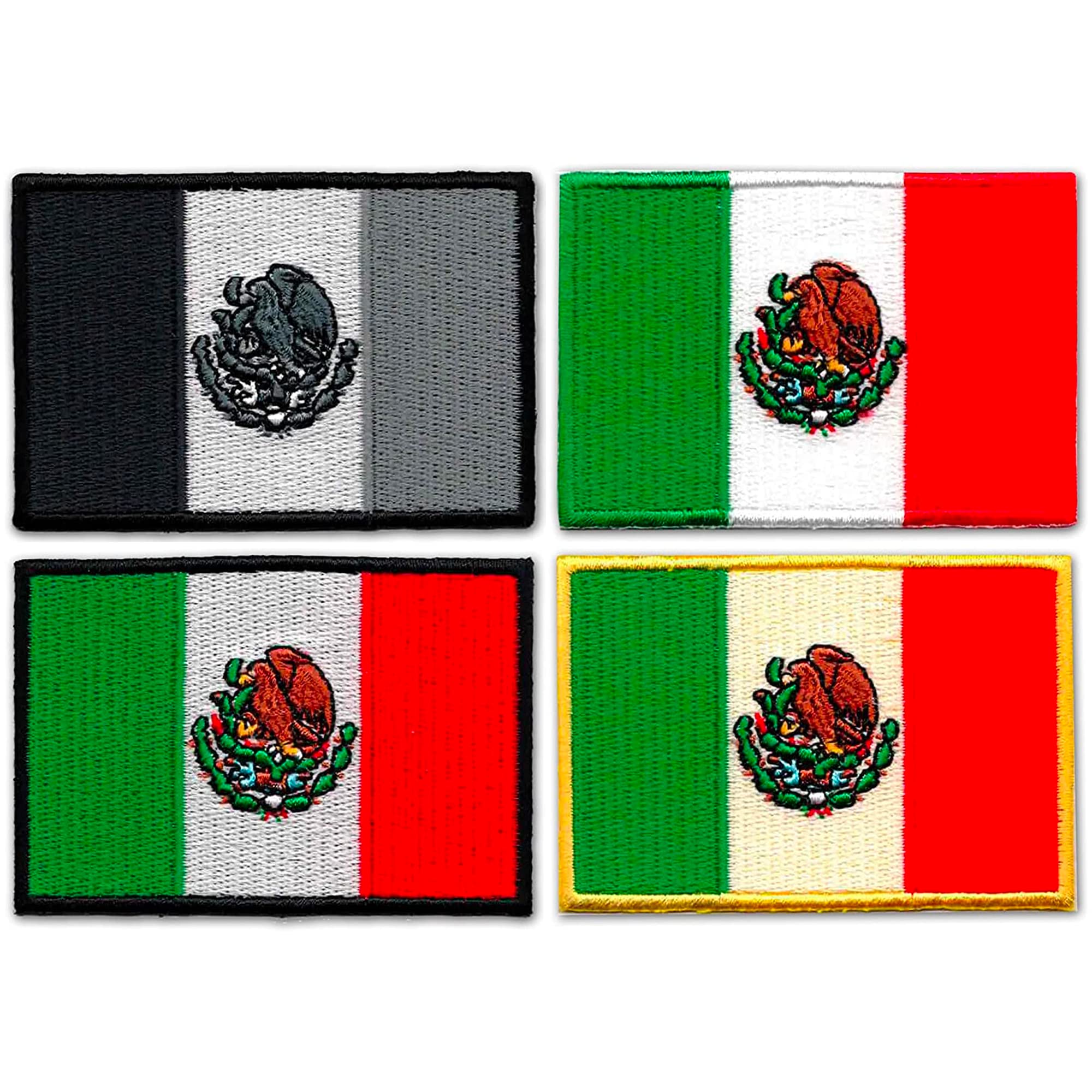 4-Pack Mexican Flag Iron On Patches - Sew or Glue On Embroidered Mexico Flag Patches for Backpacks, Jackets & Hats - Includes Black & 3 Unique Mexican Flag Designs - Perfect for National Holidays, Travel Gear & Cultural Events