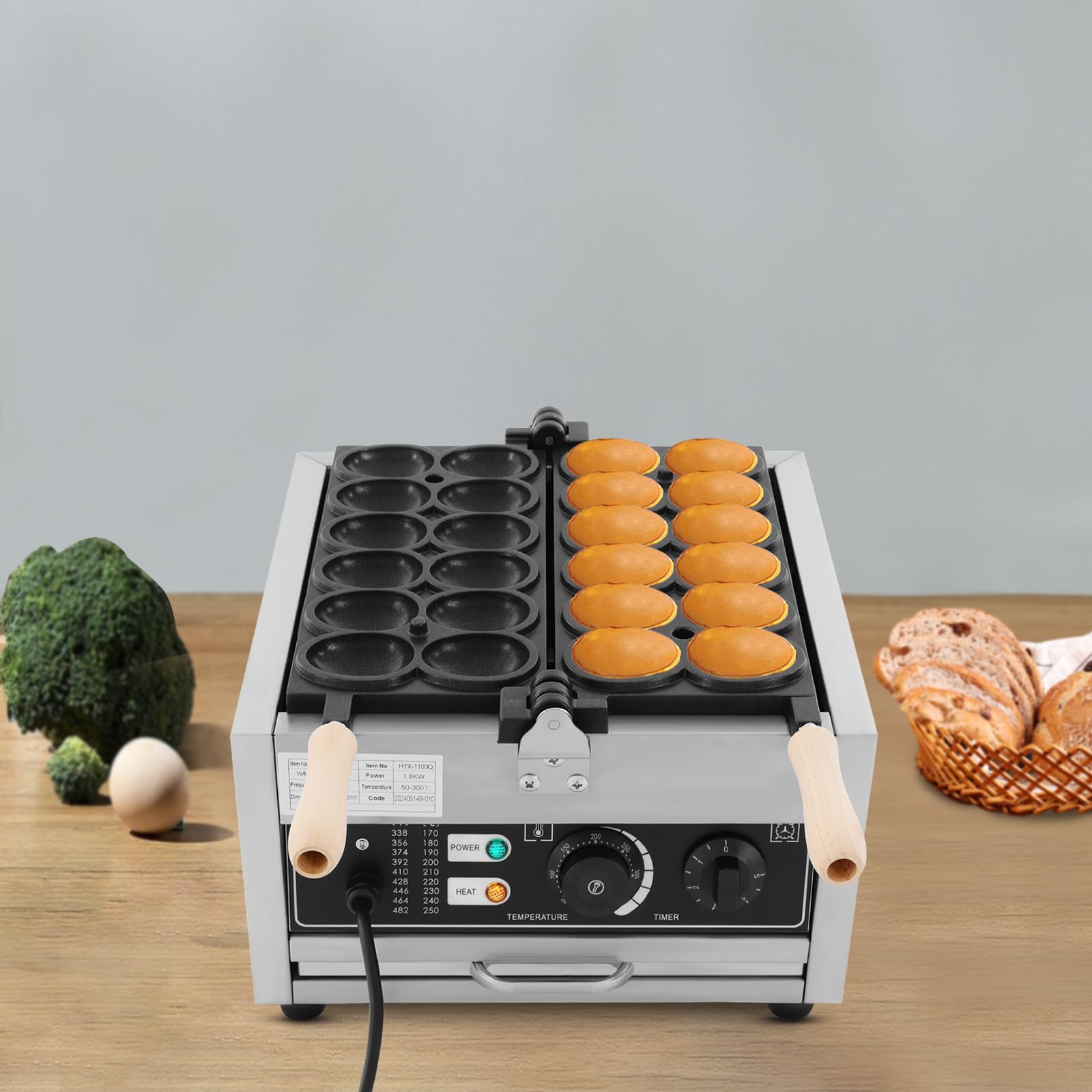 12-Piece Commercial Electric Egg Bubble Waffle Maker Machine - 1.8Kw 110V Non-Stick Rotatable Waffle Baker with 122-572℉ Temperature Control & Timer - Perfect for Restaurants, Cafes, Food Trucks, and Home Breakfast Cooking