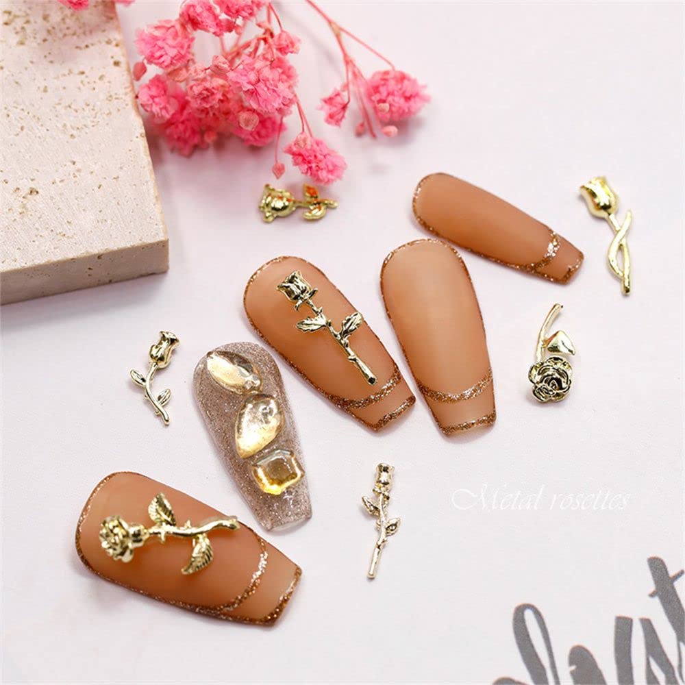 10pcs Luxury Metal Rose Flower Nail Art Decorations - Gold & Silver DIY Nail Jewelry with Rhinestones (K2619) for Bridal, Party, and Special Occasion Nail Designs
