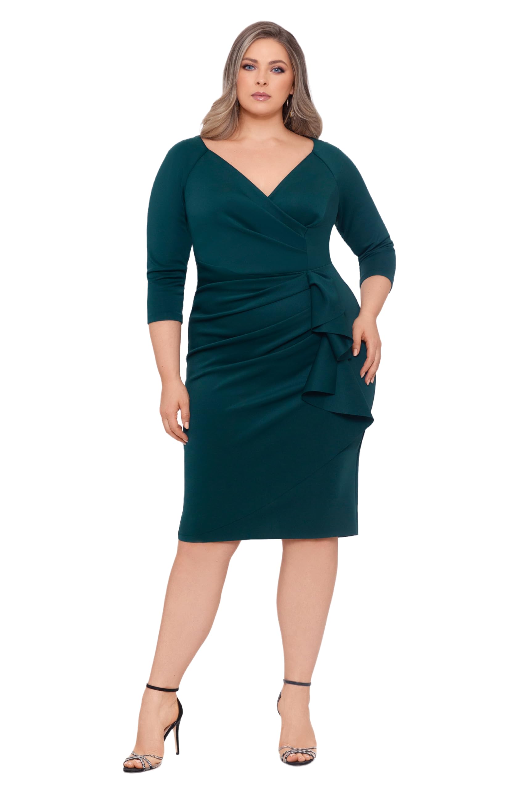 Xscape Women's Plus Size Midi V-Neck 3/4 Sleeve Side Ruched Dress - Flattering Casual & Office Wear for Curvy Women